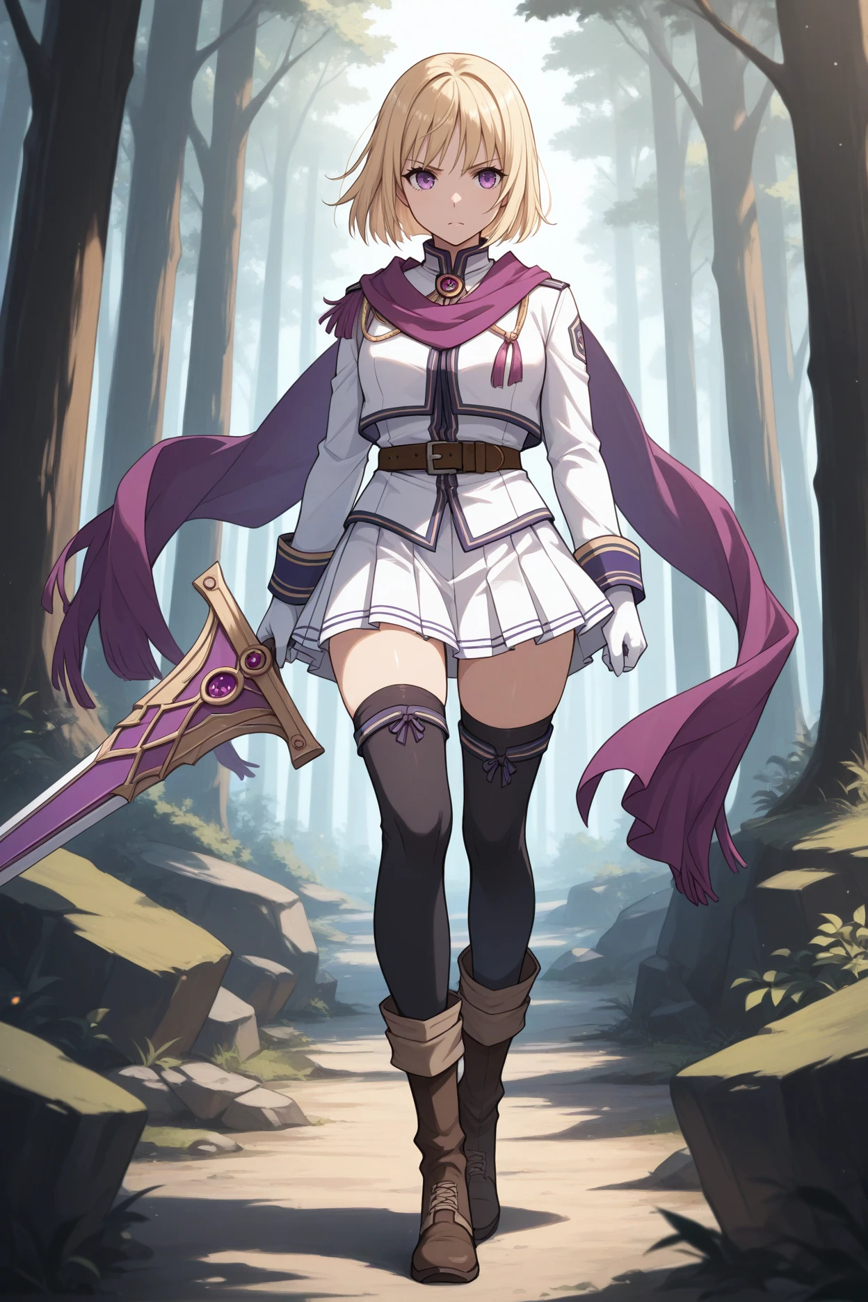 masterpiece, best quality, 1girl, solo, <lora:yselena-illu-nvwls-v1-000006:1> yselena, blonde hair, medium hair, purple eyes, purple scarf, white jacket, pleated skirt, white skirt, white gloves, belt, black thighhighs, brown boots, full body, holding sword, forest, serious