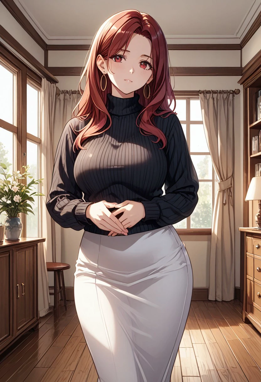 score_9, score_8_up, score_7_up, (masterpiece, detailed:1.2), (best quality:1.2), (High Resolution), (More Details), (8K), (High Resolution), female focus, sharp focus, newest, ultra-detailed, 1girl, solo, mature woman, milf, long hair, red hair, red eyes, , jewelry, earrings, sweater, turtleneck, hoop earrings, black sweater, white skirt, full body, various expressions, various poses, front view, dinning room, house