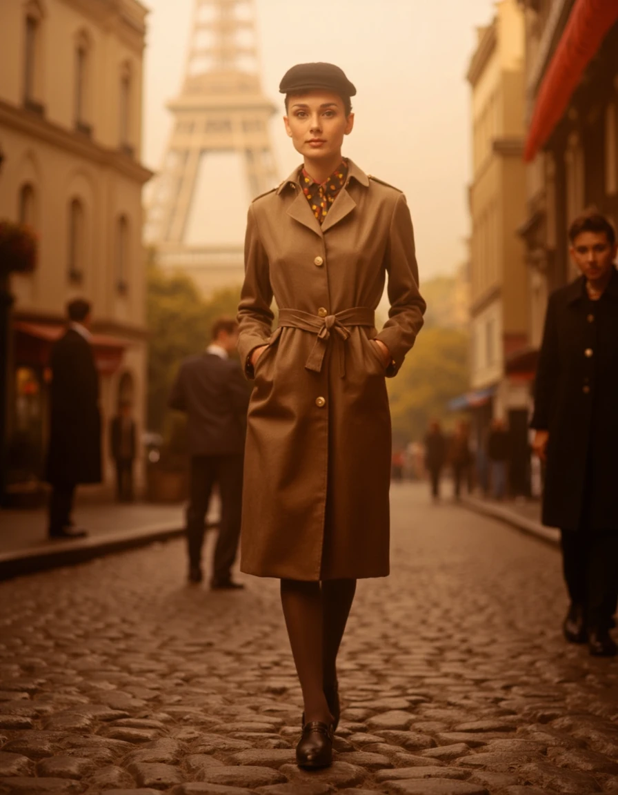 4udr3yh3p8urn, a woman wearing a chic trench coat and beret, walking along a cobblestone street in Paris with the Eiffel Tower in the distance, soft golden hour lighting <lora:F1D_Audrey-Hepburn_v01e09:1.0>, realistic textures, (blush:0.5), dynamic composition, elegant and classic stylingâââ