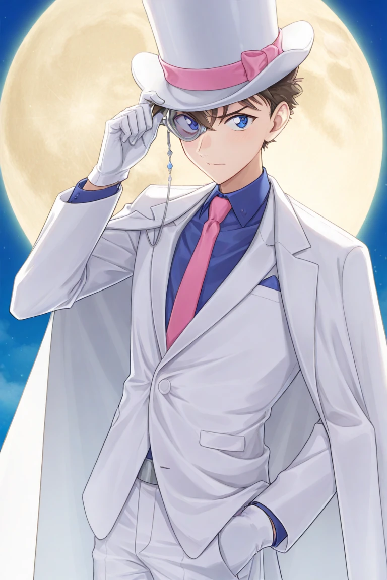 score_9, score_8_up, score_7_up, score_6_up, score_5_up,score_4_up, ,highly detailed, high quality, detailed shading, detailed skin
 masterpiece, best quality, very aesthetic, absurdres, high resolution, newest, cute 
kaito_1412, brown hair, blue eyes, hat, monocle, cape, male focus, top hat, 1boy, adjusting clothes, necktie, moon, formal, suit, night, gloves, full moon, white jacket, blue shirt, pink necktie, white pants, white cape, monocle