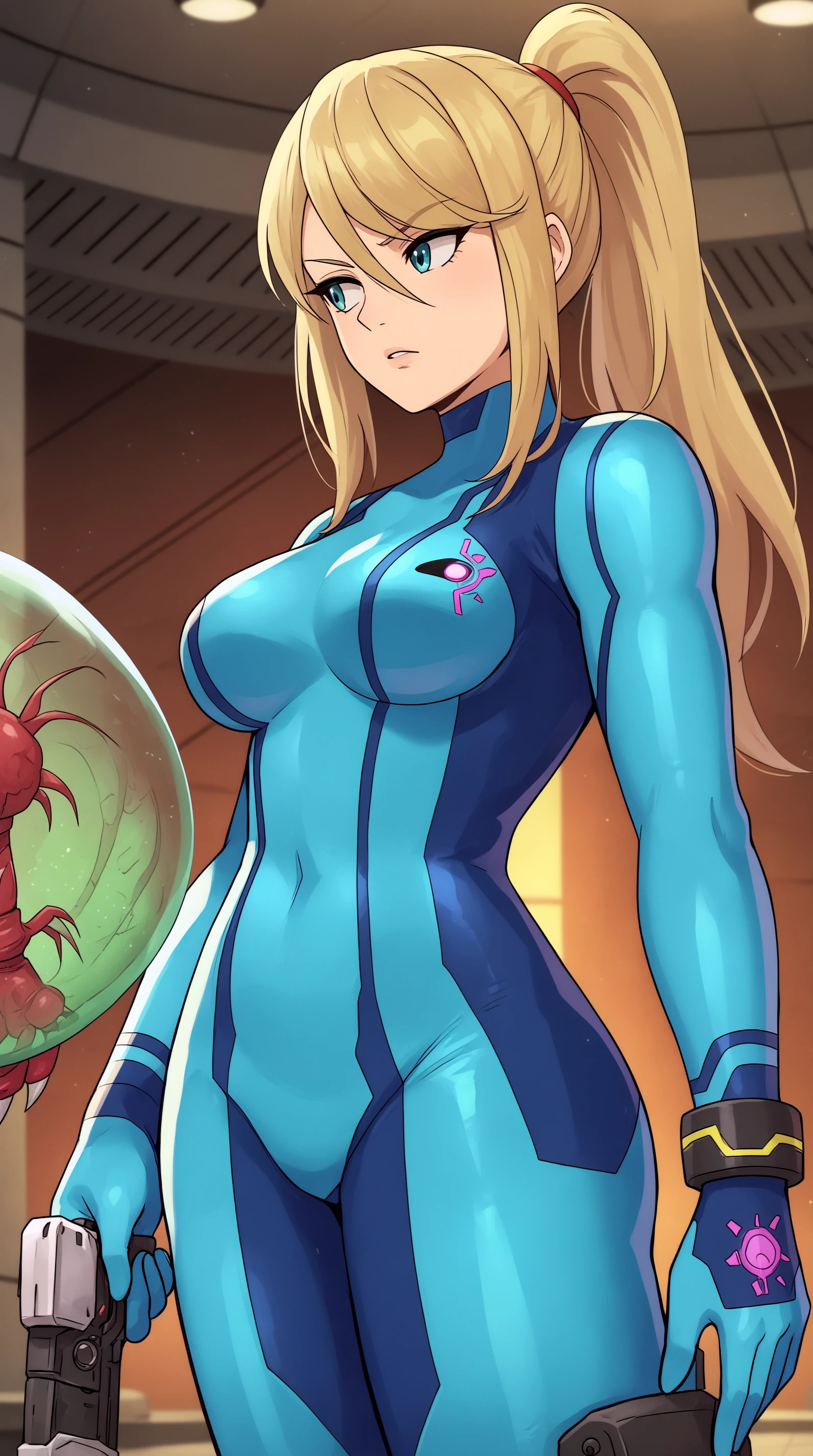 score_9, score_8_up, score_7_up,anime_source, source_anime, best background, detailed background, anime screencap, 4k, upscaled,  Zero Suit Samus, Main Outfit, solo, holding, weapon, holding weapon, looking to the side, gun, holding gun, handgun, paralyzer, indoors, spaceship,  <lora:JN_Zero_Suit_Samus_Pony:0.8>