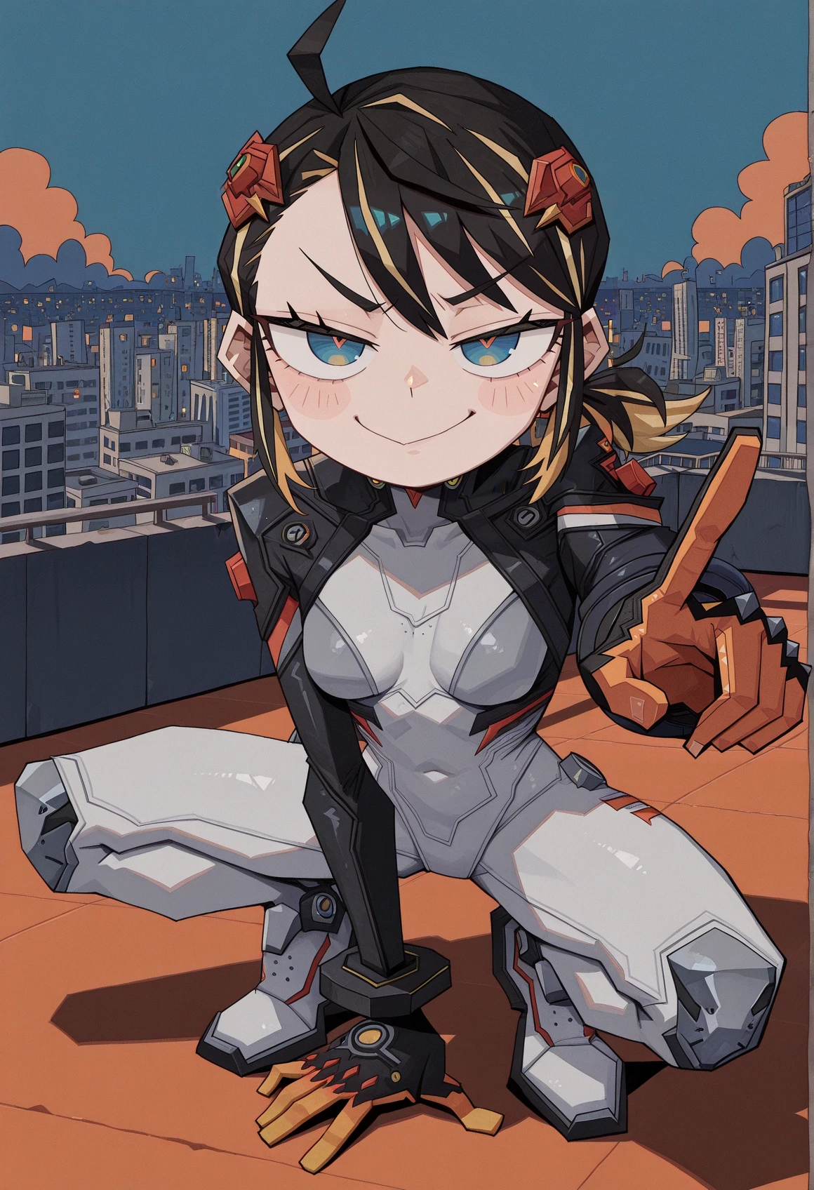 0huton_illu, 1girl, medium hair, blue eyes, multicolored hair, low ponytail, black hair, blonde hair, hair ornament, bodysuit, full bodysuit, squatting, arm support, outstretched arm, smug, looking at viewer, outdoors, city, city light, rooftop,  <lora:Penny_Parker_Rivals:1> <lora:0hu_ton:1>, masterpiece, best quality, amazing quality, very aesthetic, absurdres, highres, newest