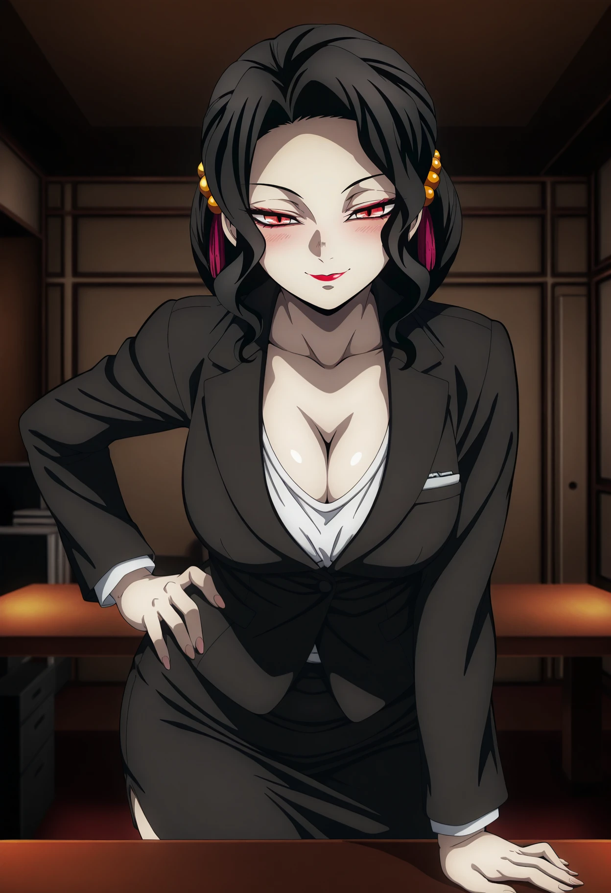 1girl,solo,mm,mature female,black hair,red eyes,makeup,lipstick,hair ornament,anime coloring,
office lady, suit,formal,jacket, shirt,cleavage, pencil skirt, table,hand on table, arm support,hand on own hip, looking at viewer, seductive smile, blush,indoors
,masterpiece,best quality,amazing quality,<lora:Muzan_Kibutsuji-Kimetsu_no_Yaiba_ix:0.8>