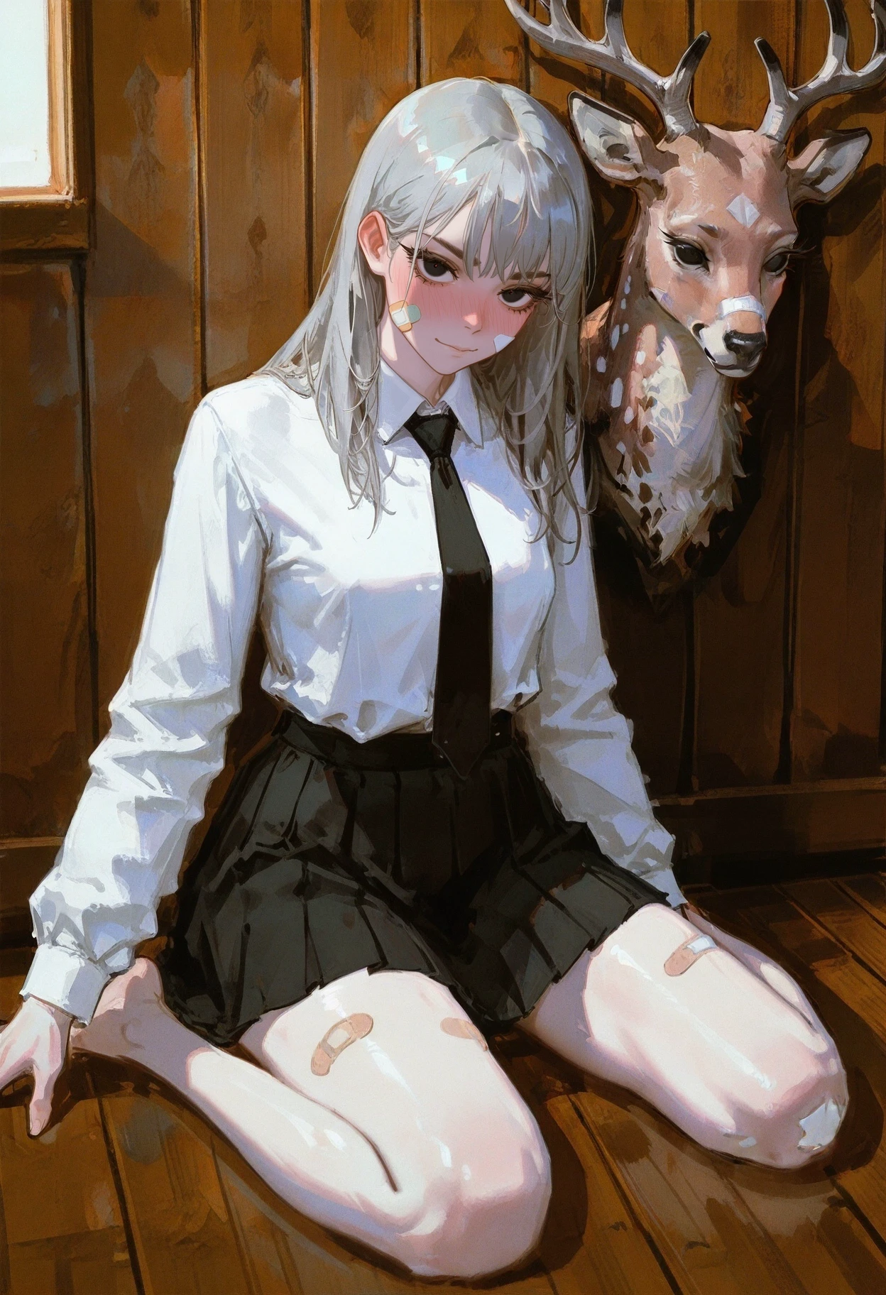 solipsist, rella, veyonis, masterpiece, best quality, amazing quality,
1girl, solo, sitting, long hair, wariza, black necktie, bandaid on cheek, grey hair, white shirt, full-face blush, closed mouth, bandaid on leg, black skirt, pleated skirt, bangs, collared shirt, long sleeves, black eyes,
curvy, glowing skin,looking at viewer,(evil gaze:1.1), evil expression, thick eyelashes, long eyelashes,
indoors, detailed background, wooden floor, wooden wall,
<lora:YTSKX-WAI:0.5> <lora:AESTX_WAI:0.5>
<lora:ponyv6_noobV1_2_adamW:0.3> <lora:USNR STYLE_XL_lokr:0.3> usnr,