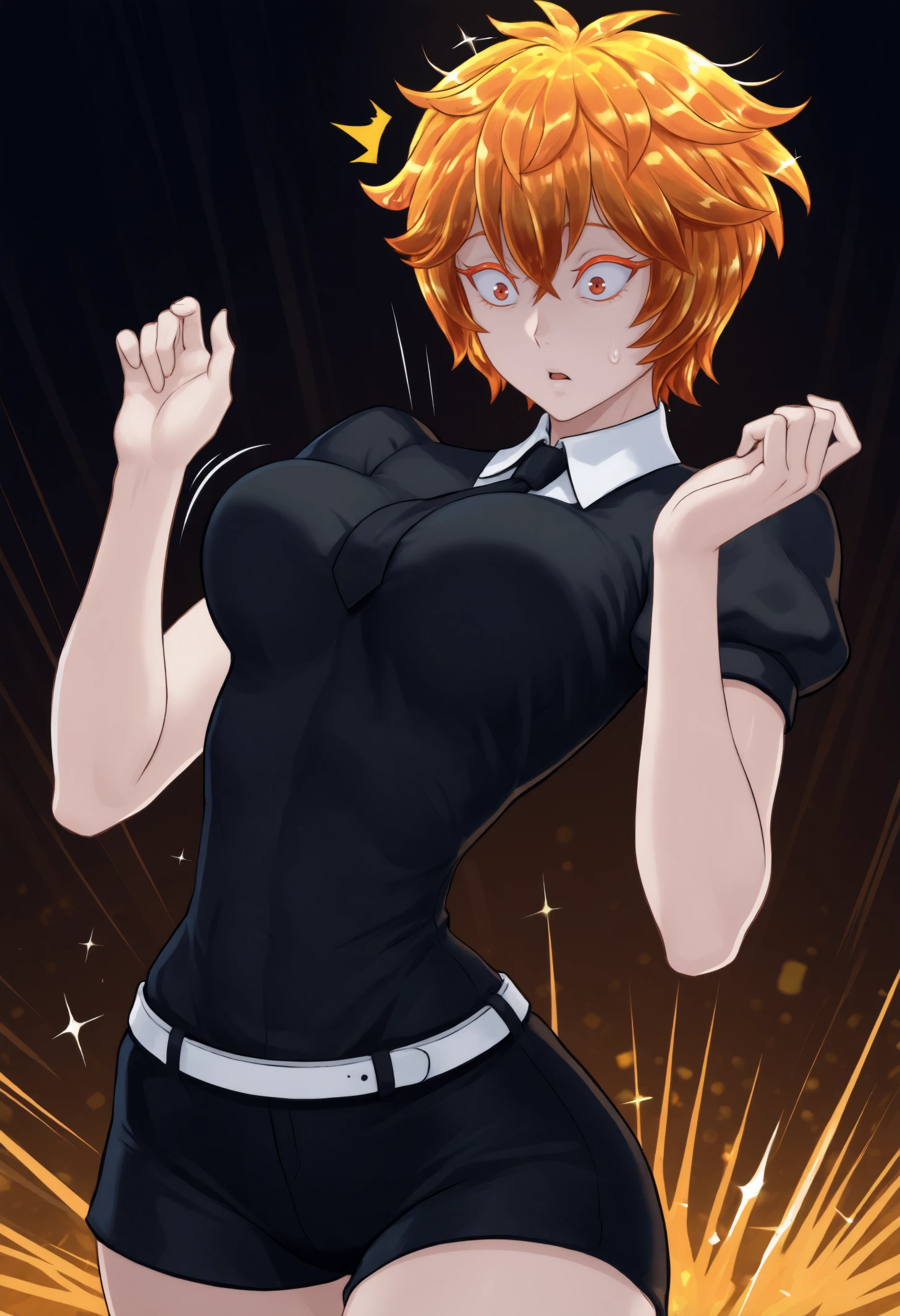 masterpiece, best quality, 1other, androgynous, light skin, colored skin, orange eyes, red eyes, colored eyelashes, orange hair, crystal hair, short hair,
slim, skinny,
black shirt, white collared shirt, puffy short sleeves, black necktie, white belt, black shorts,
looking down, looking at breasts, surprised, wide-eyed, hands up, breast awe, large breasts, breast  growth, motion lines,
dark background, abstract background, sparkle, orange shards, wind,
<lora:Zircon-Houseki-no-Kuni-NoobAi-1.1_V1-Manityro-CAME:1.0>