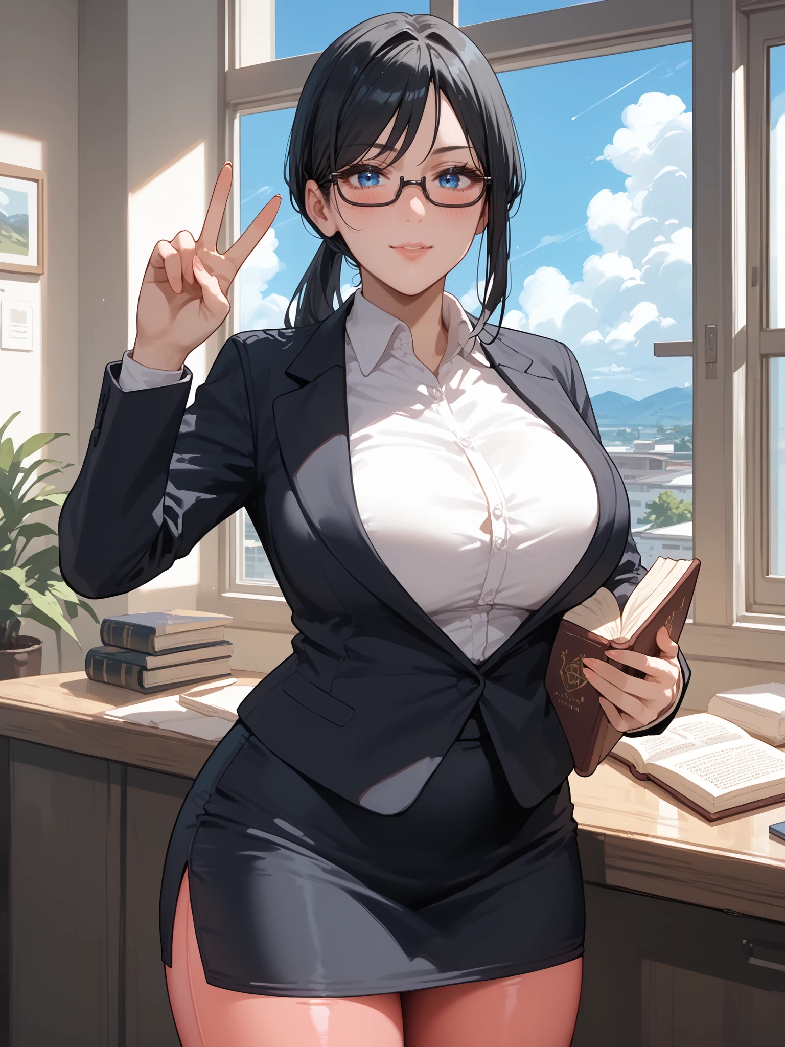 score_9, score_8_up, score_7_up, score_6_up, score_5_up,
takamine ayako, 1girl, cowboy shot, mature female, 
standing, showing V sign, holding book, closed book,
looking at viewer, confident, blush, 
black hair, long hair, low ponytail, blue eyes, glasses, 
pink pantyhose,  black blazer, white shirt, miniskirt, pencil skirt, 
curvy, large breasts, thighs, 
indoors, window, day, blue skies, clouds,
 <lora:Takamine Ayako3216PDXL:1>