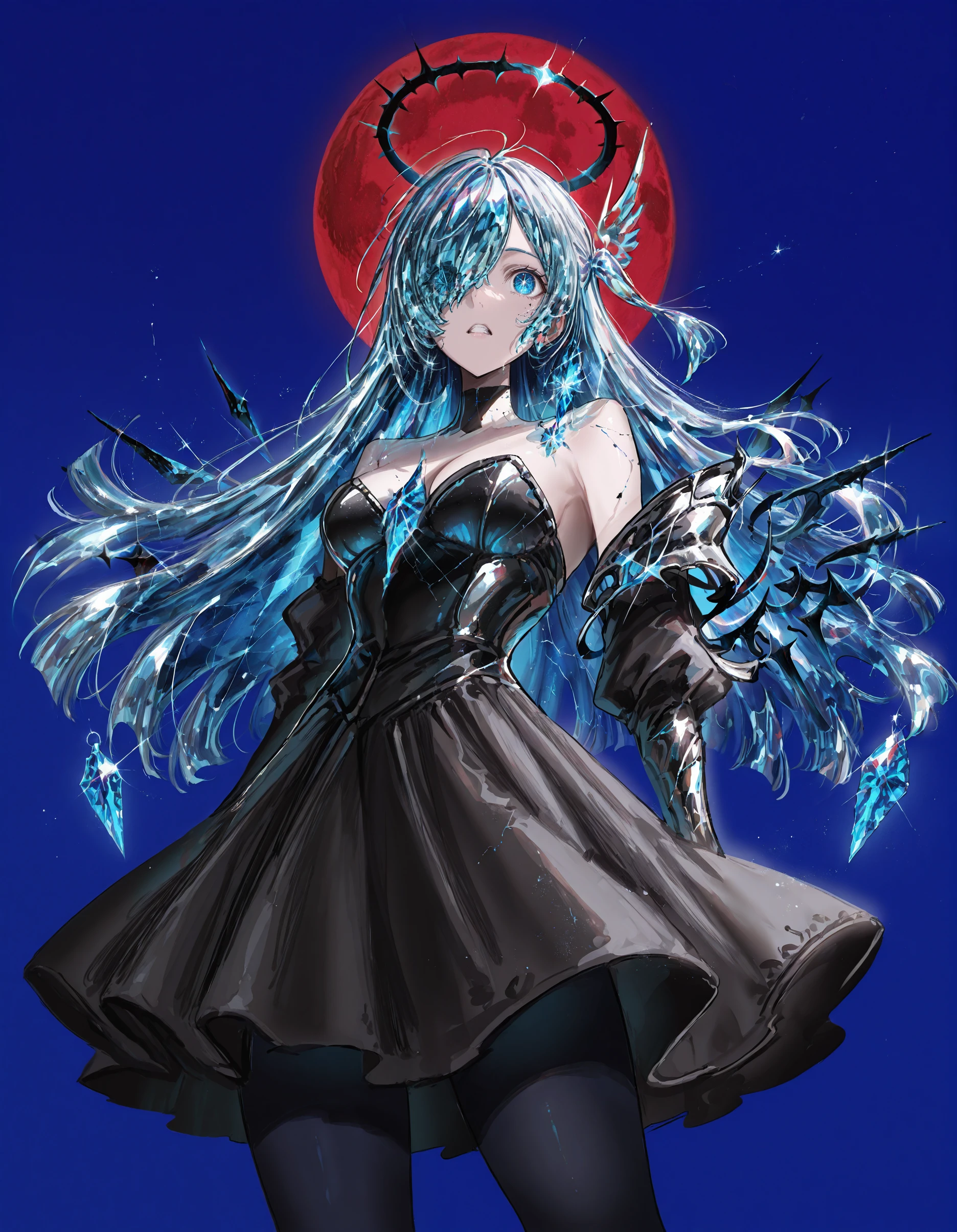 masterpiece, best quality, very aesthetic,newest, very awa,g1gzagu123_illu, 1girl, red moon, teeth, blue background, blue eyes, skirt, armor, crystal hair, pantyhose, gothic, hair over one eye, halo, strapless, constellation, <lora:g1gzagu123:1>