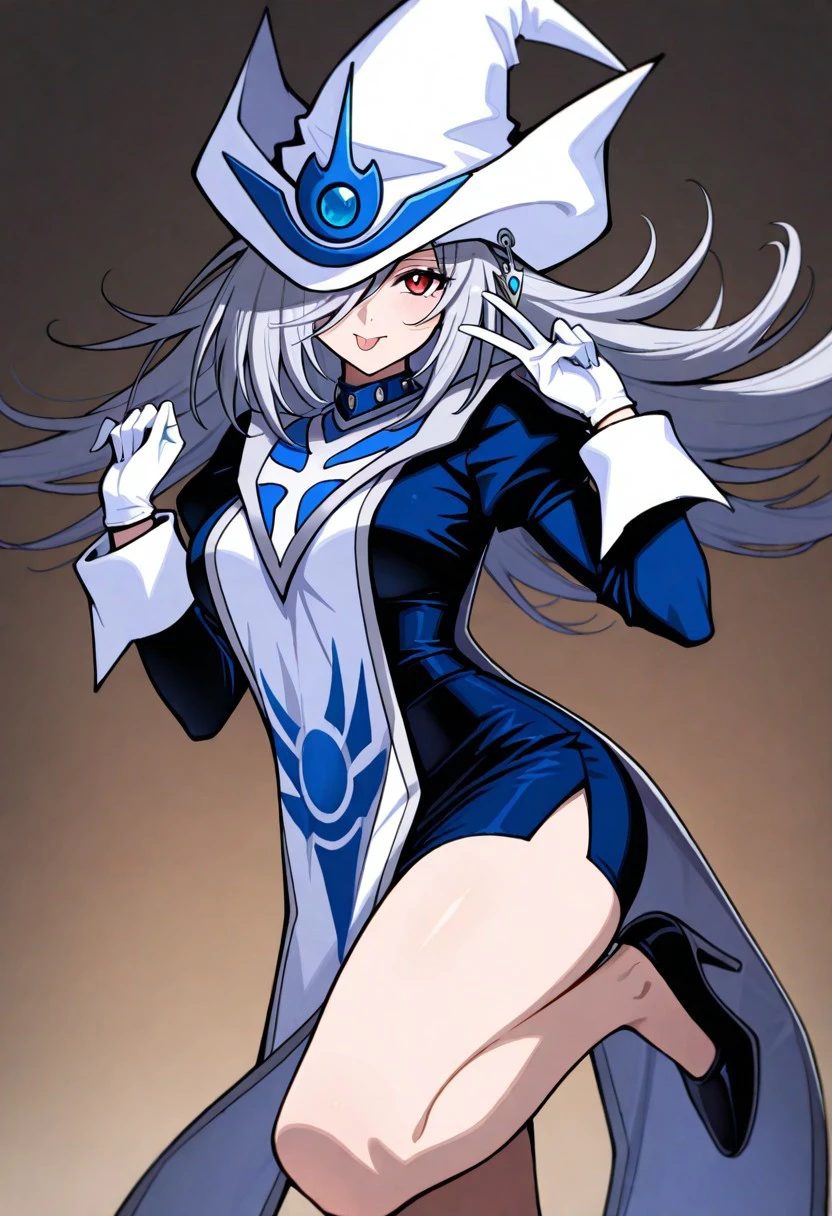 Silent magician, ropa apretada, poca piel visible, (( ruborizada, sonrisa, oiled skin)), pelo largo, cabello blanco, (( white hair)), sombrero blanco, Curvy body, abs, muscle, muscle girl, big sagging breast , monstruo de duelo, Iparuputsua, de pie en la entrada de un castillo, magic world background, mundo medieval .