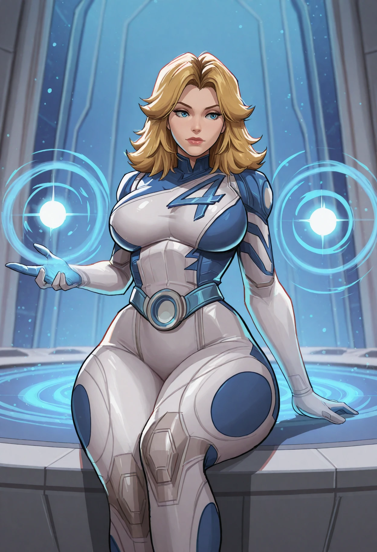 suest0rm, sitting, 1girl, susan storm, fantastic four, long blonde hair, blue eyes, wide hips, bodysuit, large breasts, wide hips, magic, volumetric lighting, cartoon, anime, best quality, masterpiece, <lora:SueStormInvisibleWoman:0.9>, <lora:CartoonimeNSFWBiblical:0.7>