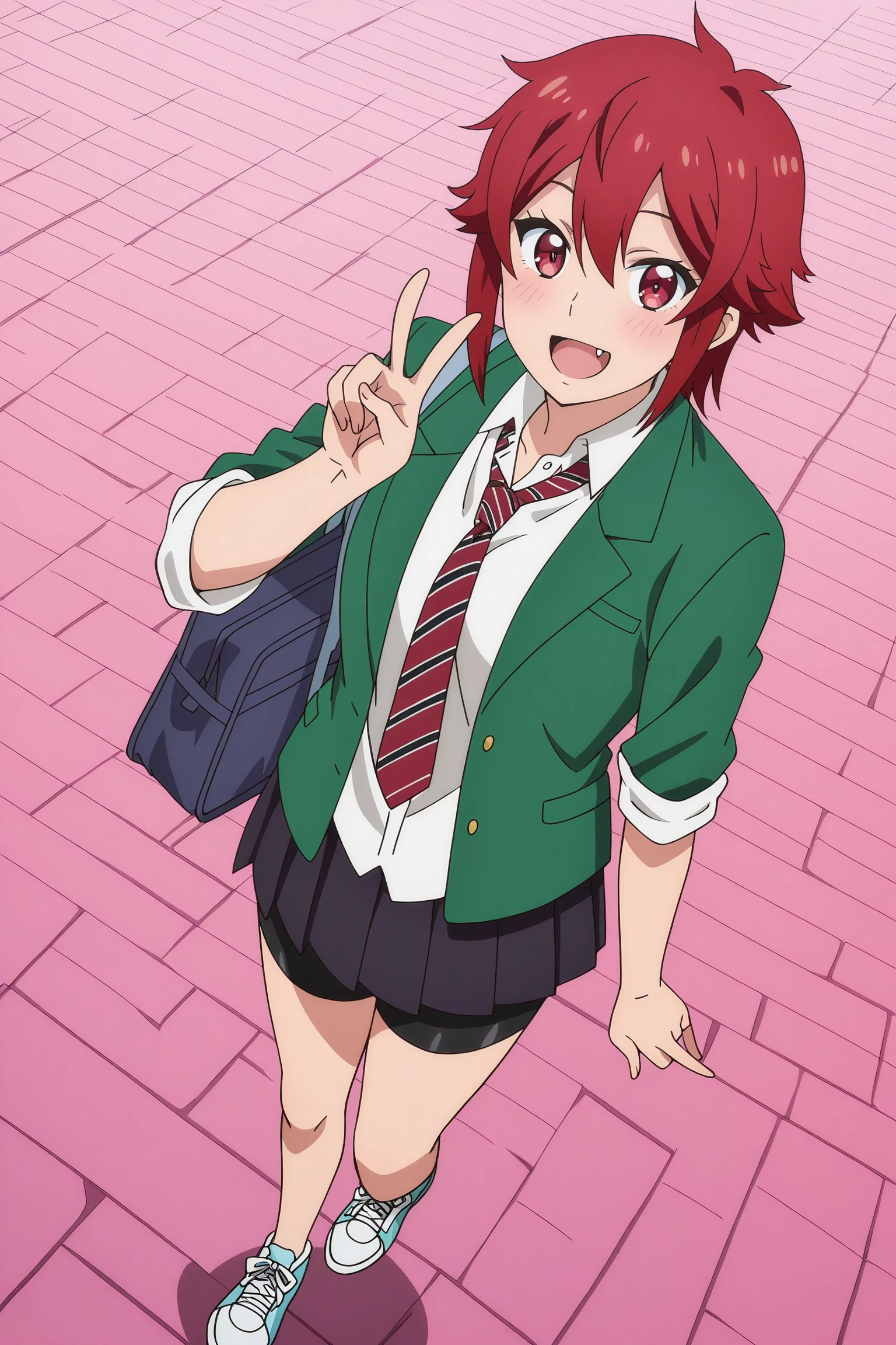 anime coloring, anime screencap, masterpiece, best quality,
 <lora:Tomo_Aizawa_Tomo-chan_is_a_Girl_-_Illustrious:.7>
Tomo Aizawa, 1girl, red hair, solo, bike shorts, skirt, school uniform, tomboy, necktie, short hair, jacket, bag, red eyes, shoes, blush, full body, sleeves rolled up, sneakers, pleated skirt, blazer, looking at the viewer, (V peace sign fingers, happy girl, big smile, fang, mouth open, high angle, :D: 1.1)