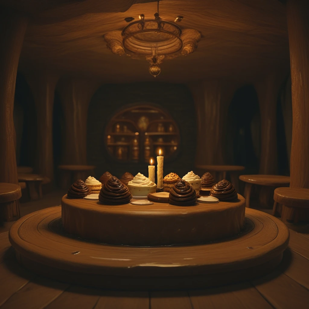 score_9, score_8_up, score_7_up, beautyful color, aesthetic, chocoslime, a big chocolate cake in a medieval restaurant, wooden tables, big candles, restaurant, medieval, big cake, symmetrical, centered, realistic, (big chocolate cake:1.2)