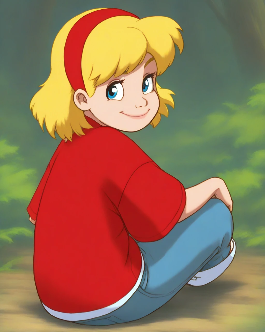 very awa, masterpiece, best quality, tsubasachyan, 1girl, solo, female child, robynstarling, blonde hair, red hairband, red shirt, short sleeves, long pants, blue pants, full body, smile, looking at viewer, forest