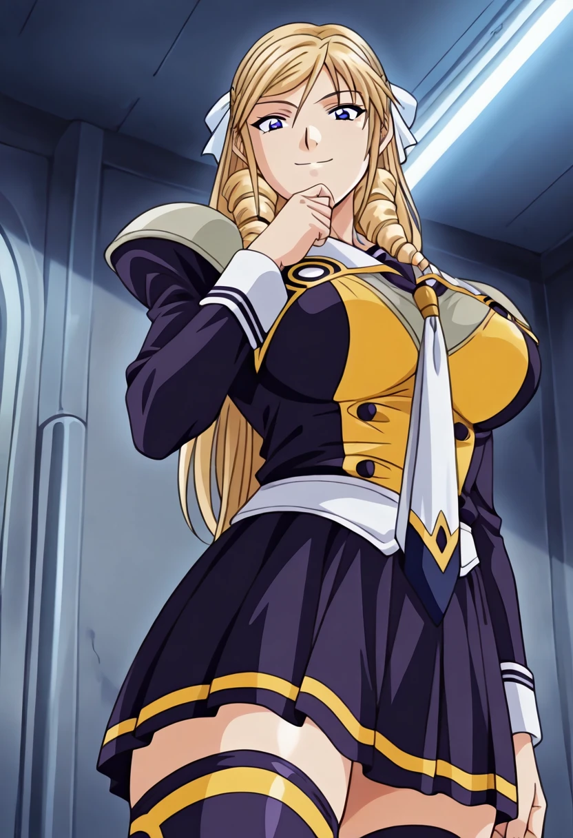 1girl,Leona Morimoto,long hair,blonde hair,drill hair,blue eyes,hair ornament,school uniform,discipline uniformn,two tone clothes,blue and yellow uniform,thigh highs,pleated skirt,from below,Standing, one hand on chin,(looking at viewer:1.1),Smiling, eyes open wide, cheeks raised,Underground bunker, concrete walls, flickering fluorescent lights,Sunrise,Dusty, dry, swirling,masterpiece,best quality,newest,absurdres,highres,(highly detailed eyes,perfect eyes:1.1) <lora:Leona_Morimoto_-_Illustriousv3.0:1.0>