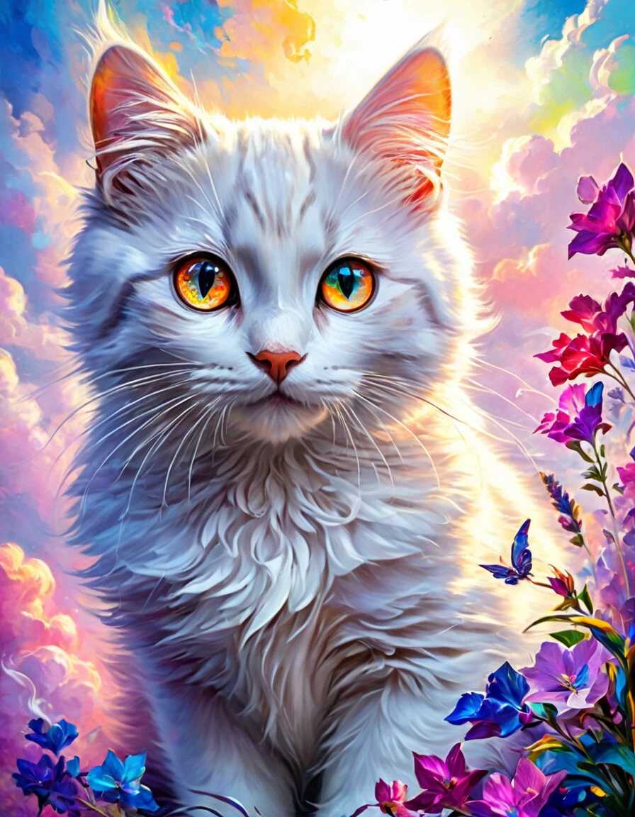 (((masterpiece))), ((ultra-detailed)), Abstract style cute, smoke, in the sky, colorful and vibrant, mystical colors, contemporary impressionism, yanjun cheng portrait painting, iridescent perspective view ,low angle, sweeping circling composition, large beautiful crystal eyes, big irises, UHD, HDR, 8K, the most beautiful portrait in the world, white little cat, Non-representational, colors and shapes, expression of feelings, imaginative