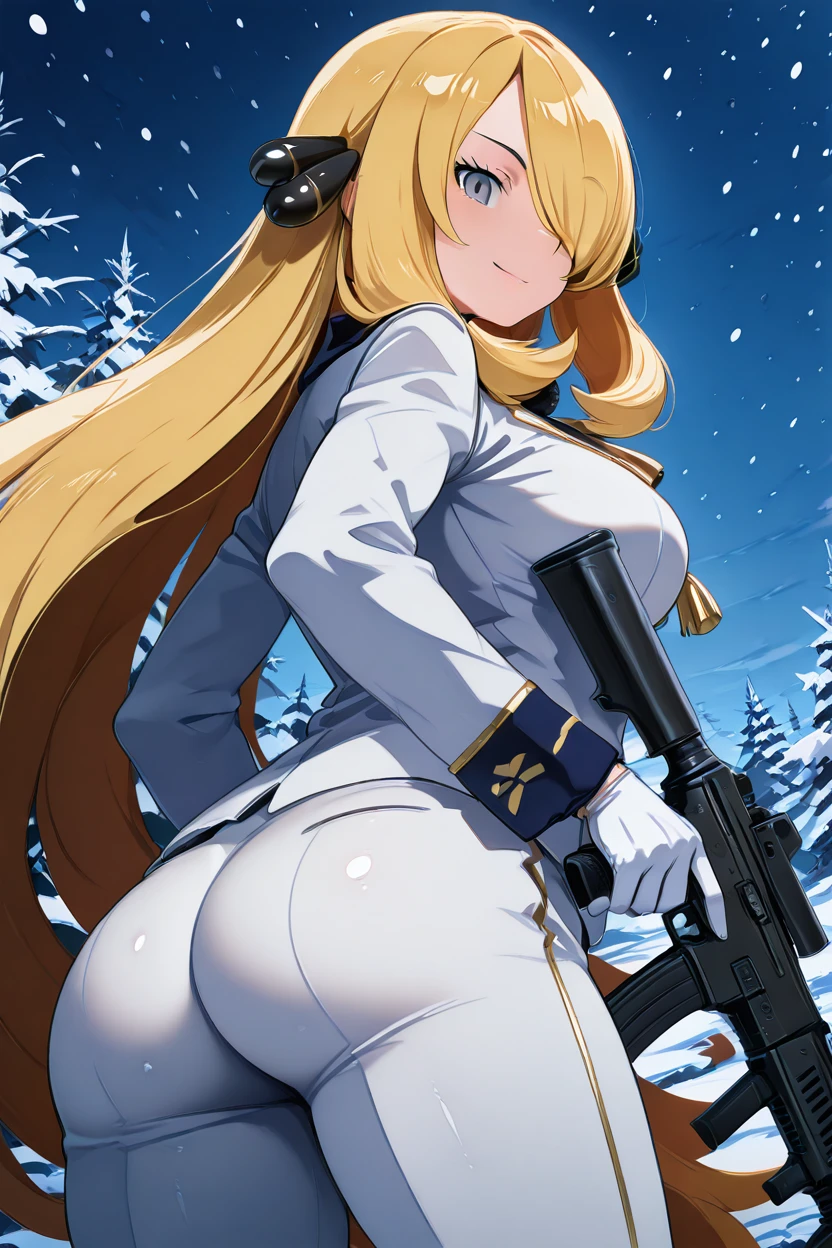 masterpiece, best quality, solo, curvy, beautiful eyes, C007Citron, grey eyes, hair over one eye, blonde hair, hair ornament, long hair, long sleeves, white gloves, white jacket, white pants, alternate costume, shirt, holding gun, snowing, assault rifle, smile, looking at viewer, <lora:Cynthia007IXL:1.0>, side view, ass, leaning forward, cowboy shot, smile, looking at viewer, shiny skin,<lora:HaradaTakehitoIXL_v3:1.3>, <lora:ZankuroIXLLight_v2:0.6>,