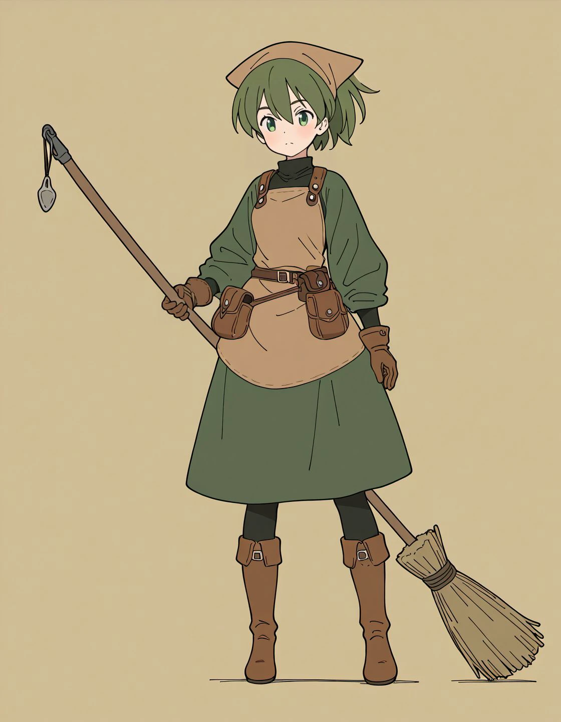 masterpiece, best quality, amazing quality, very aesthetic, high resolution, <lora:fabula_ultima_character_style_v3_illustrious_epoch_7:0.9>, flat color, four fingers and a thumb,
fabula-ultima, 1girl, solo, green eyes, gloves, holding, pouch, short hair, full body, skirt, standing, green hair, belt pouch, broom, looking at viewer, brown gloves, holding broom, apron, long sleeves, brown apron, brown background, boots, closed mouth, hair between eyes, belt, green skirt,