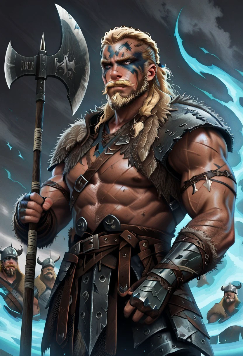 A strong man, short pink hair, short beard, has orange eyes, is underwater, has tattoos all in shades of black, has a trident, realistic drawing style, focus on the face