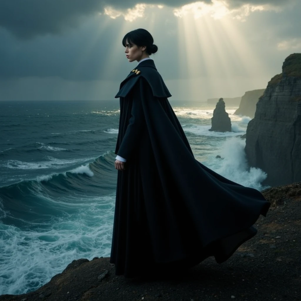Ultra quality, ultra detailed, ultra defined textures, front facing view, cinematic, dramatic lighting, half body shot, smooth chin, standing on the edge of a jagged cliff overlooking a stormy sea, Wednesday wears a flowing black cape over a tailored, Edwardian-inspired outfit with brass button details. Her cape billows dramatically in the wind as waves crash against the rocks below. Long-shot from behind, capturing the grandeur of the cliffside and the turbulent ocean. The sky is filled with dark clouds, pierced by a single ray of light that falls upon her figure, creating a powerful, solitary composition.