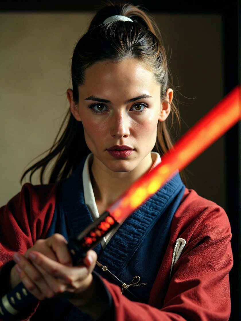 <lora:Jennifer_Garner_Ca2004_v1:1> woman Caucasian, samurai, action scene, mid-swing, stern, fierce, kimono, helmet kabuto, armor do-maru, hakama pants, katana, bushido code, shogunate, holding a katana glowing with red energy, glow effects, long hair flowing in the wind, standing in a dojo training for the next battle <lora:zz_s_Fluxartis:0.55> A highly detailed cinematic photography <lora:zz_s_Stylish_Lighting:0.55>, extreme close-up, zoomed, focus on face, centered, macro shot, face centered, focus on eyes, looking directly at the viewer, looking directly at the camera, making eye contact, looking straight ahead, modest clothes, modest apparel, chest covered, modesty <lora:zz_s_Chest_Size_Slider:-2>, an extremely charismatic and captivating smileâââ