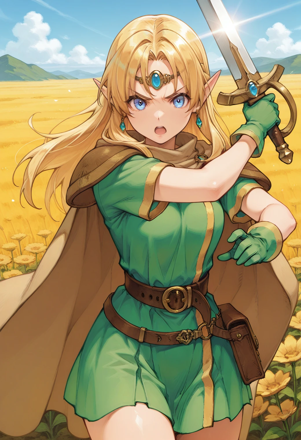 d&d_elf, pointy ears, blue eyes, blonde hair, long hair, circlet, shoulder armor, green gloves, green dress, cape, <lora:D&D_elf_illustrious_ver1:0.8> 
serious, open mouth, holding weapon, holding sword, cowboy shot, attack,, masterpiece, best quality, general,, 1girl, solo, (field:1.2), (blue sky:1.2), looking at viewer,