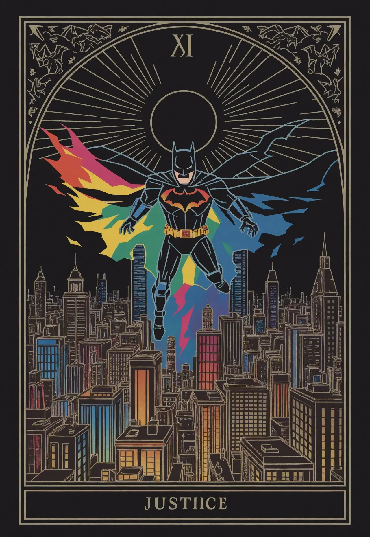 (colorful, colored, taro, tarot, batman, gotham, city, justice, color, full color:1.3), line art, black background