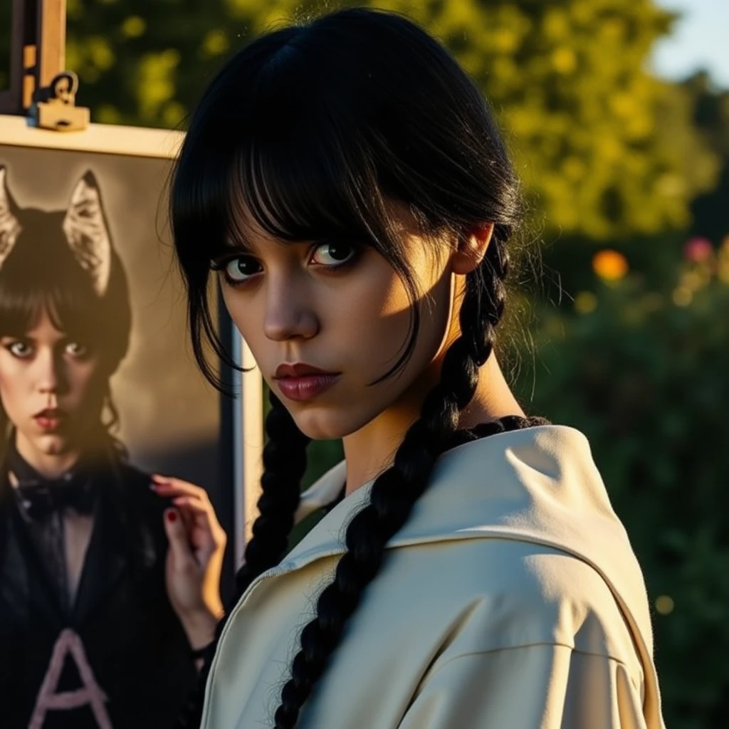 A cinematic shot of a young woman standing outside in an art class, surrounded by lush greenery. She poses next to her painting, a stunning demoness with horns and pale features, wearing a flowing painter's toga and pigtails. Her dark hair cascades down her back, framing her face adorned with dramatic white gothic makeup. The lighting is ultra dramatic, with contrasting shadows highlighting the texture of her skin, showcasing subtle imperfections like pores and soft wrinkles. Her smooth chin and defined facial features are illuminated by a warm, golden glow.