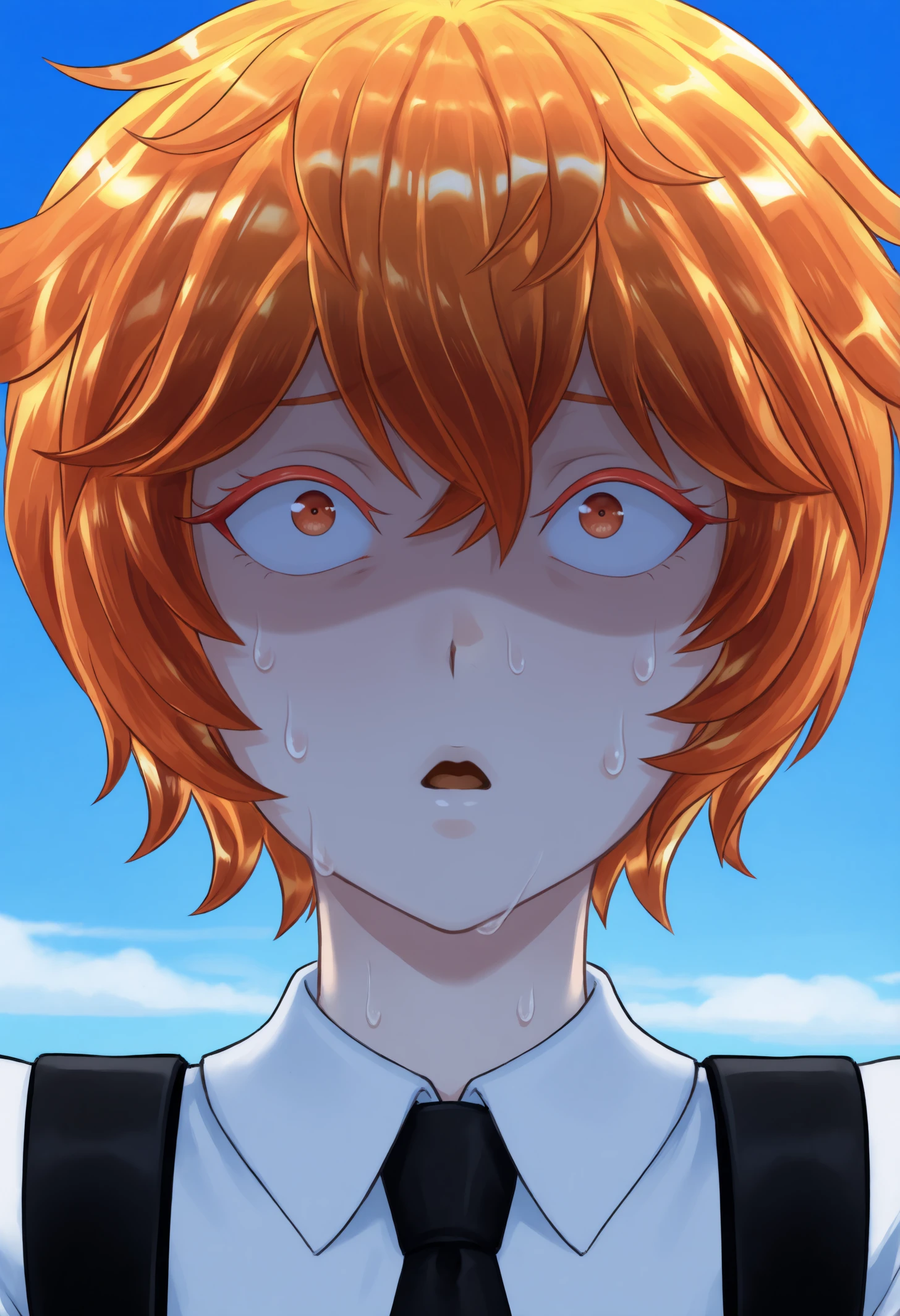 masterpiece, best quality, 1other, androgynous, light skin, colored skin, orange eyes, red eyes, colored eyelashes, orange hair, crystal hair, short hair,
white collared shirt, short sleeves, black necktie, elbow gloves, white gloves, black suspenders,
facing viewer, looking up, wide-eyed, constricted pupils, surprised, nervous sweating, sweatdrop, open mouth, parted lips, shaded face, 
outdoors, blue sky, clouds, scenery, close-up, portrait,
<lora:Zircon-Houseki-no-Kuni-NoobAi-1.1_V1-Manityro-CAME:1.0>