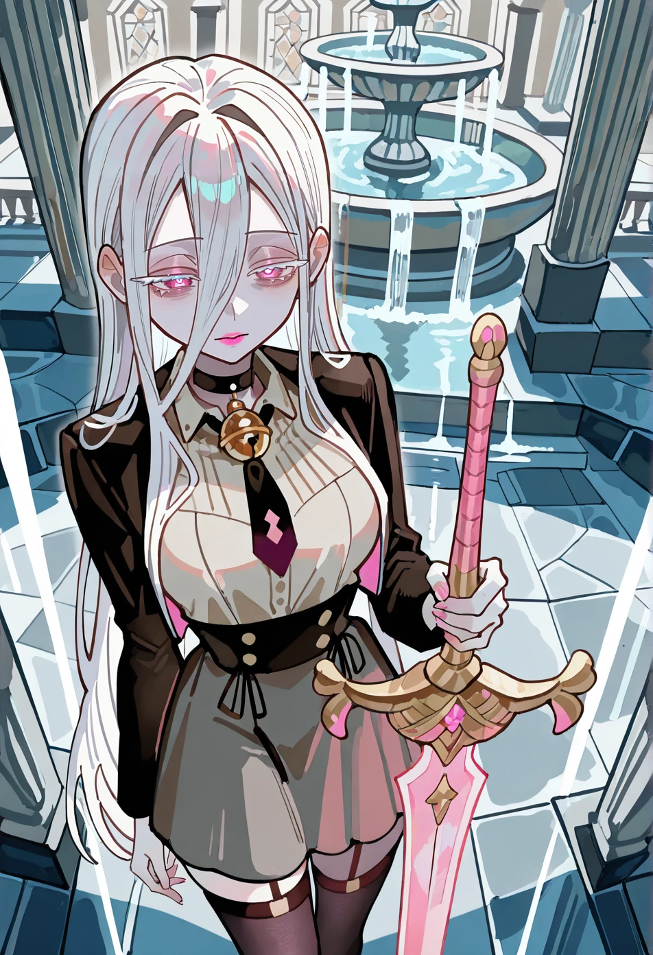 masterpiece,best quality,amazing quality,very aesthetic,absurdres,newest,female,(adult:1.2),solo,half-closed eyes,pink lips,lips,light pink lipstick,very pale skin,medium breasts,long white hair,straight hair,((long hair between eyes)),face framing hair tendrils,(colored eyelashes,white eyelashes),pink eyes,white pupils,medium breasts,black choker,round bell,gold bell choker, <lora:long_hair_between_eyes_illustrious_v1_b:0.7>, <lora:hotarueye_xl_hosome2_v20:0.5>,light grey lace bralette with a high-waisted panty and sheer stockings finished with cozy mules,necktie,fear,dutch angle,swinging a glowing sword,High-angle shot,Quiet Monastery Garden with Meditation Benches and a Fountain,Light trails from motion, <lora:Aida_Iro_Toilet-Bound_Hanako-Kun_Manga_Style:0.6>, tbhkiro