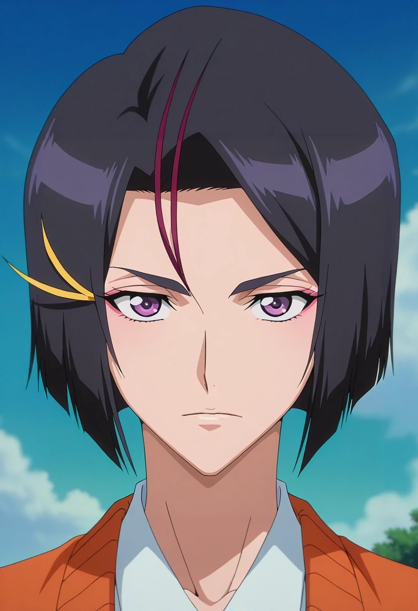 masterpiece, best quality, , anime screencap, , official style, looking at viewer, 1boy, solo, male focus, <lora:yumichika_ayasegawa_ilxl:0.92>, yumichika_ayasegawa, black hair, purple eyes, short hair, hair ornament, ,