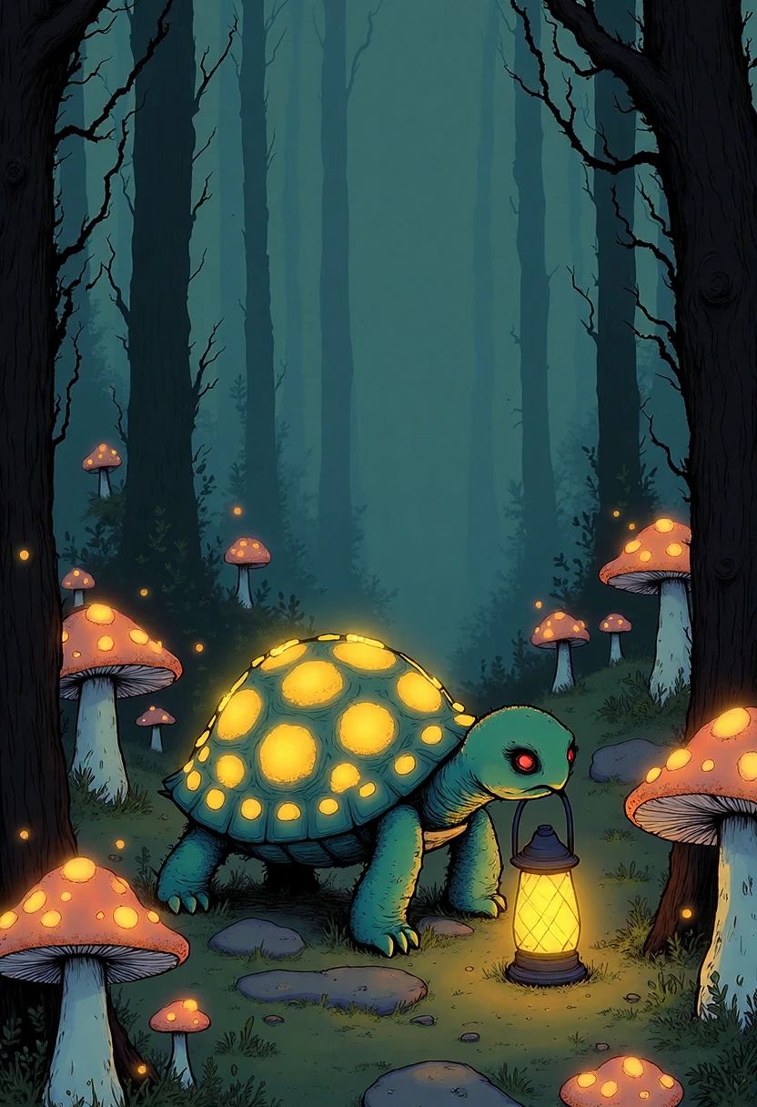 in the style of ppWhimsy a turtle with a glowing shell carrying a tiny glowing lantern, walking through a forest of glowing mushrooms