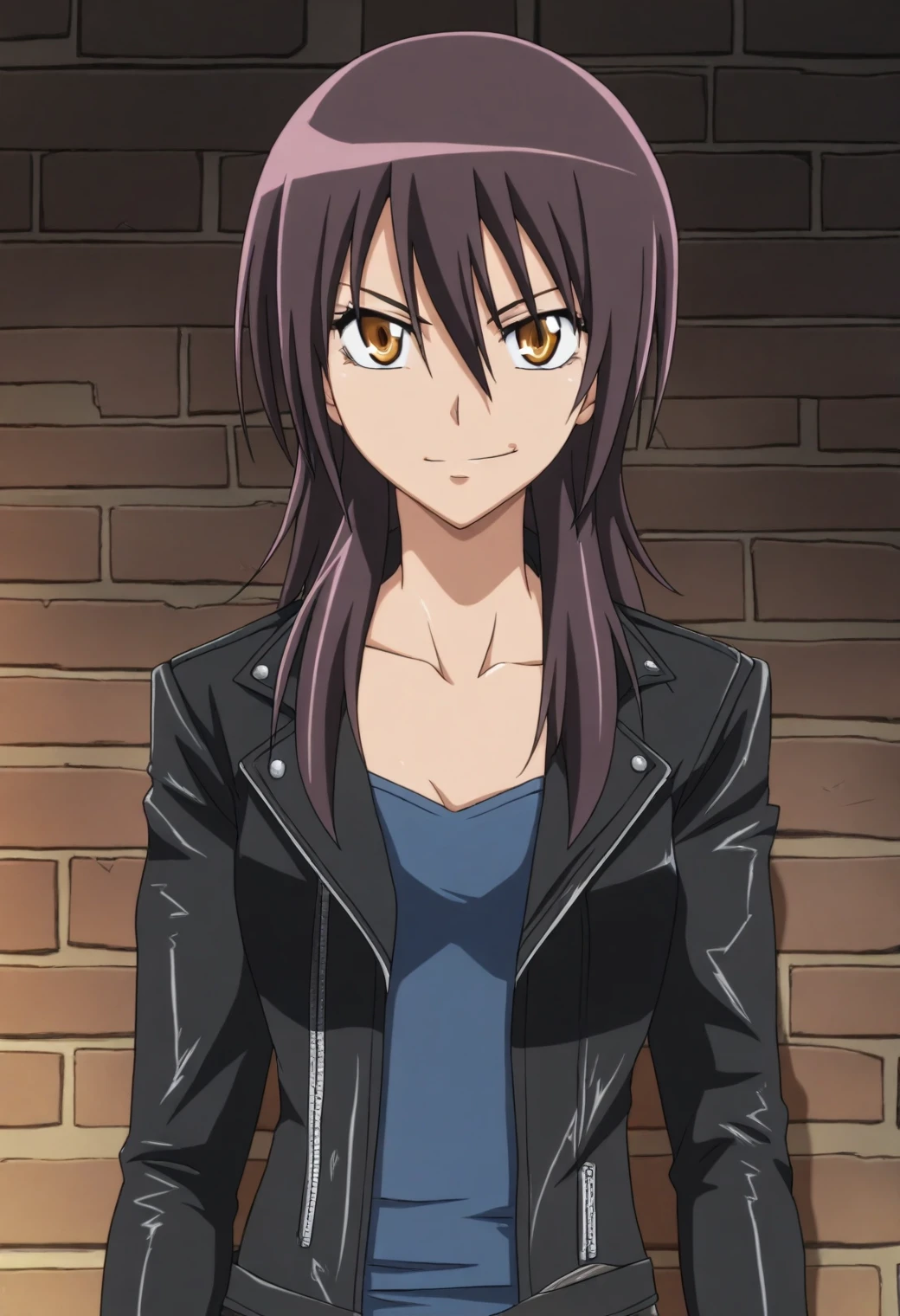 <lora:Misaki Ayuzawa - [Maid Sama!] - illustriousXL v1:1>, sysdeep_misaki, brown hair, golden eyes, long hair,, anime coloring, posing against a brick wall, leather jacket, low-cut top, smirking, industrial background