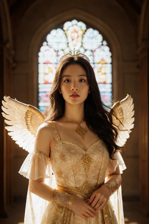 A majestic medieval girl with large, radiant angel wings, standing gracefully in a medieval setting. Her glowing, bright face radiates divine beauty and serenity, with soft golden light emanating from her features. She wears an ornate, flowing gown inspired by medieval fashion, embellished with gold and silver embroidery. Her expression is serene and noble, exuding divine wisdom and strength. Her wings shimmer softly with intricate feather details, framing her figure elegantly. A faint golden halo surrounds her head, amplifying the warm glow on her face. The background features gothic arches and faintly illuminated stained-glass windows, adding a sense of grandeur and mysticism. The atmosphere is ethereal, with soft lighting and a heavenly aura, emphasizing her angelic and majestic presence