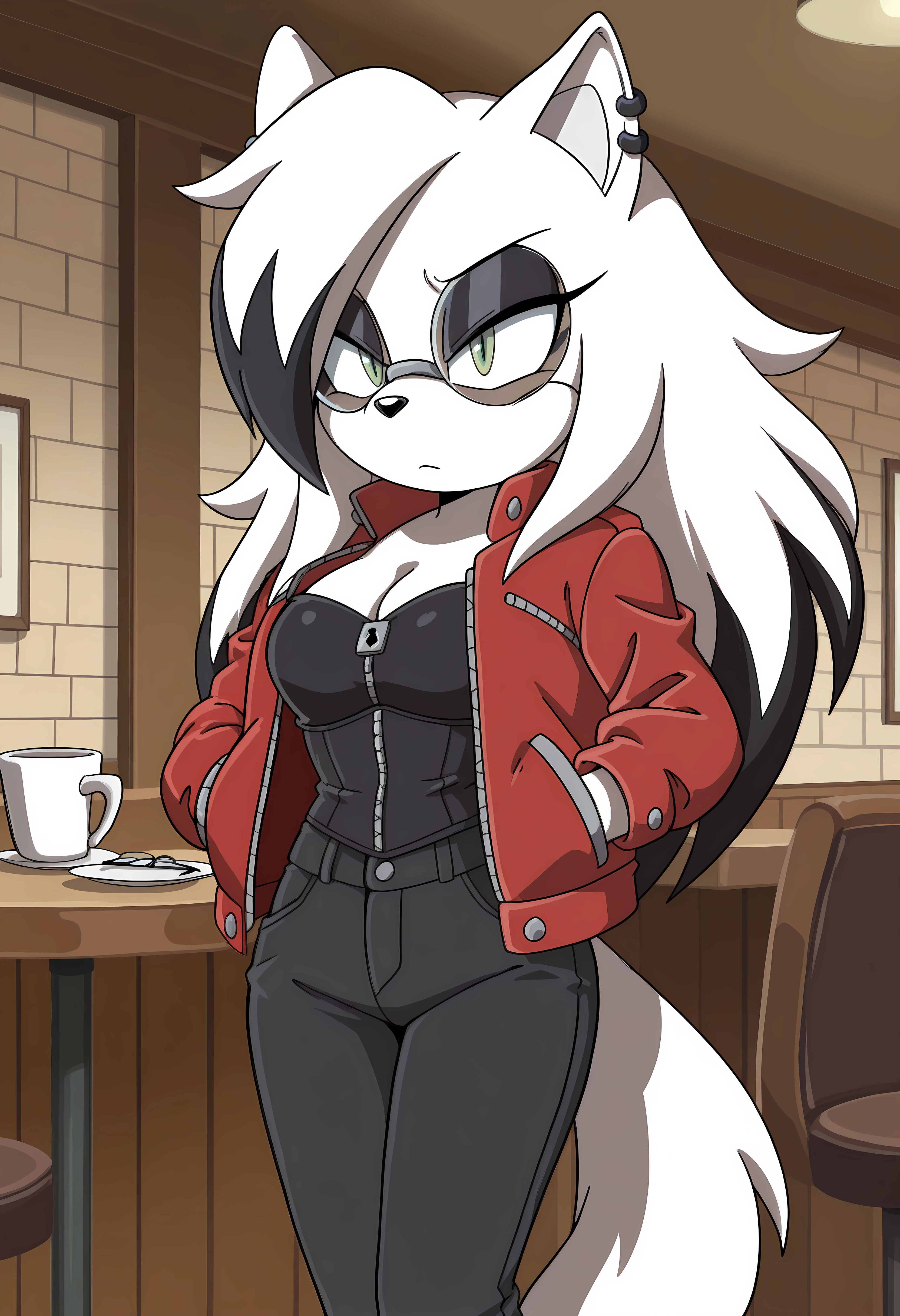 masterpiece, best quality, amazing quality, very aesthetic, absurdres, <lora:SonicX:1>, SonicX, sonic (series), 1girl, anthro wolf, white hair, white body fur, long hair, perm, black highlights, glasses, (round glasses), green eyes, slit pupils, black makeup, piercings, red leather jacket, black ripped jeans, black corset top, hands in jacket pockets, keyhole top, cleavage, medium breasts, shaded, indoors, standing, cafe, beautiful lighting, detailed eyes, perfect eyes, onmodelblobian, <lora:onblobv2:0.8>