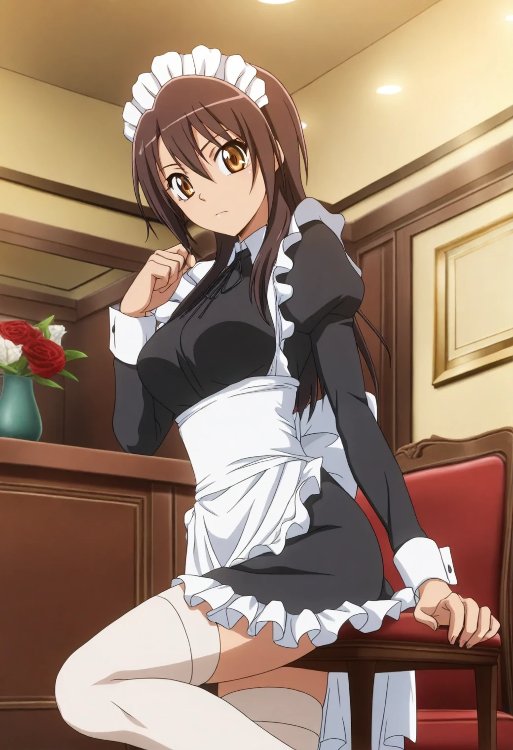 <lora:Misaki Ayuzawa - [Maid Sama!] - illustriousXL v1:1>, sysdeep_misaki, brown hair, golden eyes, long hair,, anime coloring, maid, polishing vase, bending slightly, stockings, elegant furniture, dimly lit room