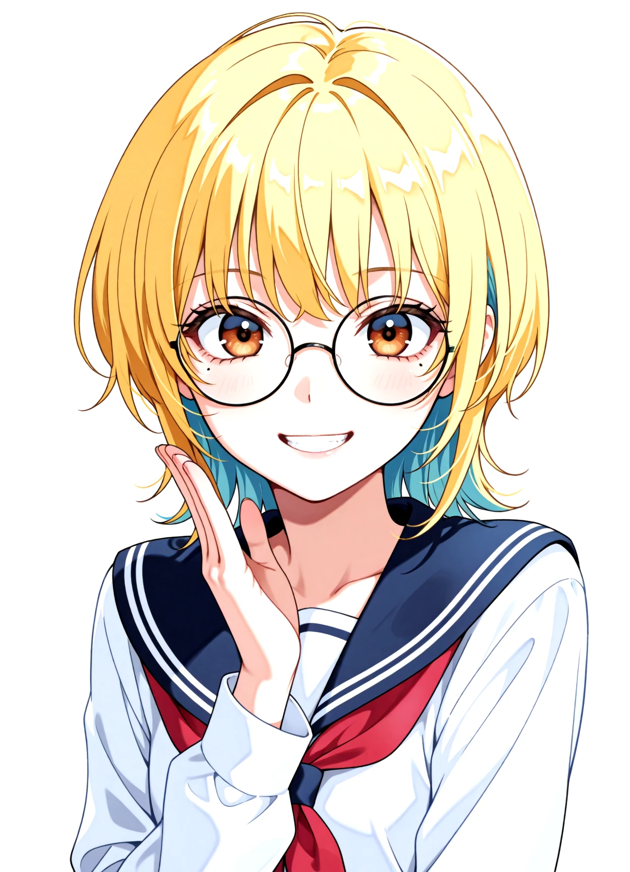 japanese skin toon, (big eyes:0.5), 1girl, school uniform, wolf cut, blonde, colored inner hair, blue hair, aegyo sal, mole under eye, tareme, round eyewear, looking at viewer,  gradient background, white background,
look front, grin, cute,
BREAK
<lora:dmd2_sdxl_4step_lora:1>
masterpiece, best quality, very awa, highres, absurdres, very aesthetic, aethetic,Digital illustration, highly finished,