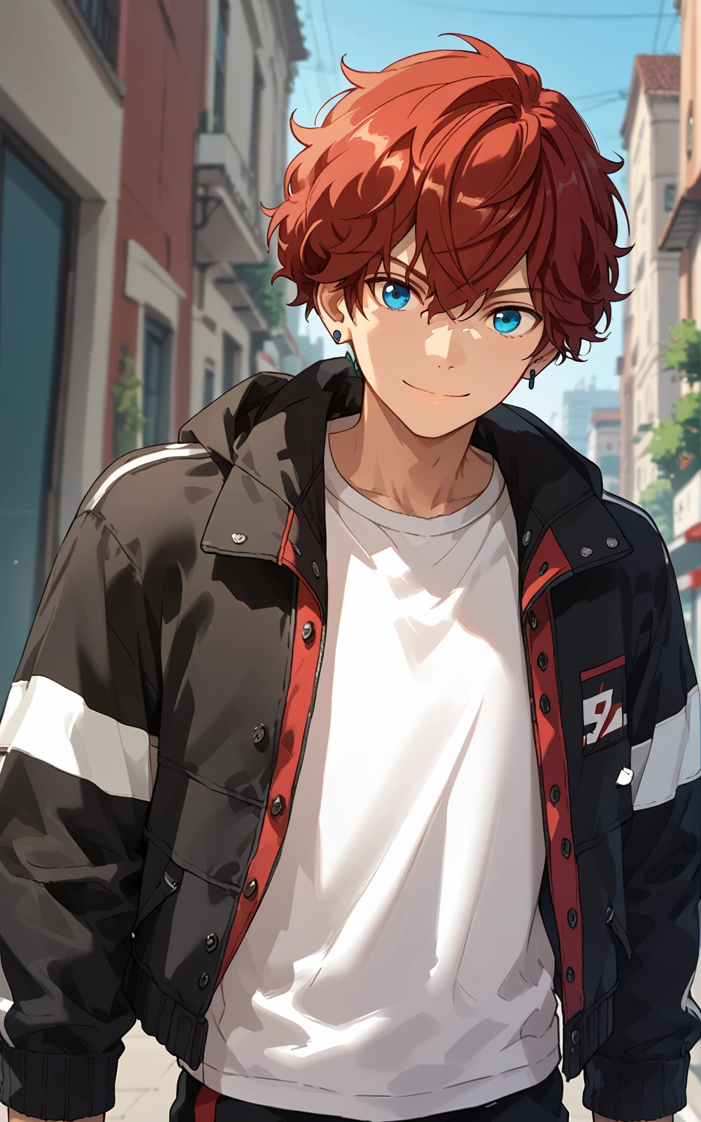 score_9, score_8_up, score_7_up, score_6_up, score_5_up, score_4_up, best quality, masterpiece, outdoor, 
  <lora:hiiro:1> amagi_hiiro, solo, blue eyes, 1boy, male focus, red hair, jacket, shirt, looking at viewer, smile, short hair, jewelry, earrings, hair between eyes