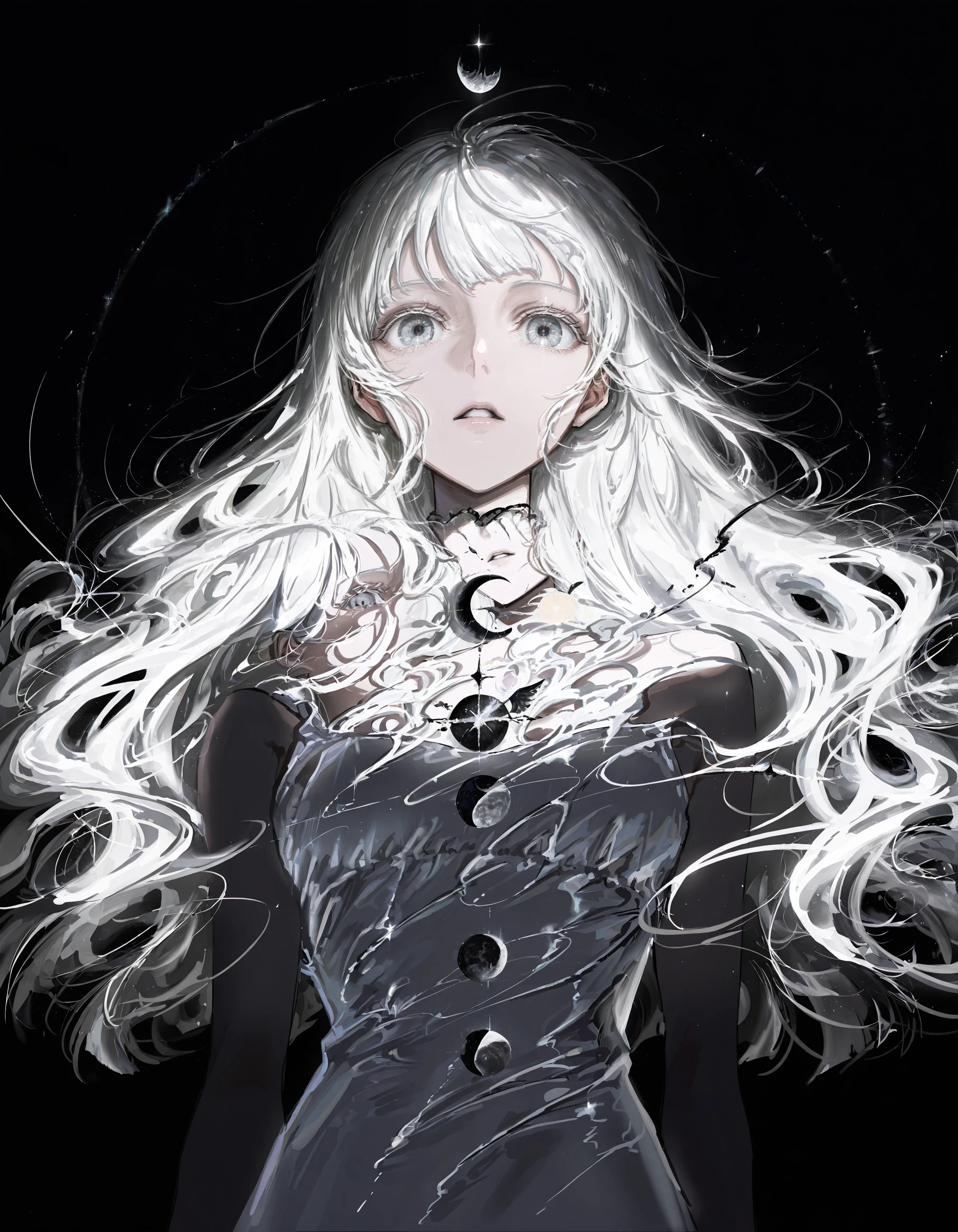 masterpiece, best quality, very aesthetic, digital art, surreal,g1gzagu123_illu, 1girl, solo, dress, long hair, white dress, black background, looking at viewer, white hair, bangs, sleeveless dress, parted lips, simple background, grey eyes, sleeveless, bare shoulders
,highly detailed, hyper-realistic, 8k, dynamic angle, illustration, intricate details,masterpiece, very aesthetic, absurdres, <lora:g1gzagu123:1>