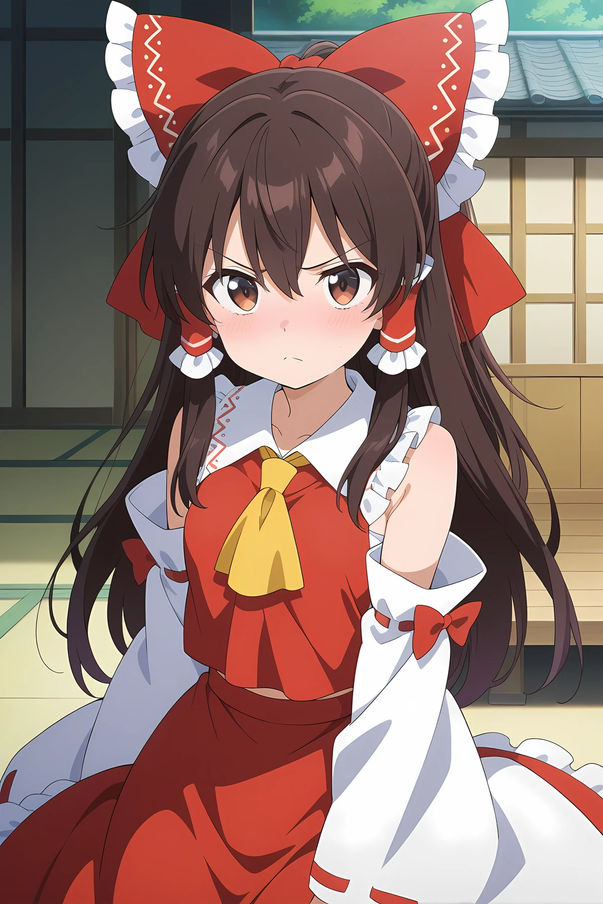 detailed, absurdres, highres, masterpiece, best quality, amazing quality, looking at viewer, outside, official anime artwork, screencap, anime screencap,
<lora:Hakurei-Reimu_Illustrious:1> hakurei reimu, 1girl, solo, long hair, brown hair, brown eyes, bangs, sidelocks, hair between eyes, small breasts,, bow, hair bow, hair tubes, red bow, ascot, frilled bow, yellow ascot, ribbon-trimmed detached wide sleeves, red skirt, ribbon trim, ofuda, angry,