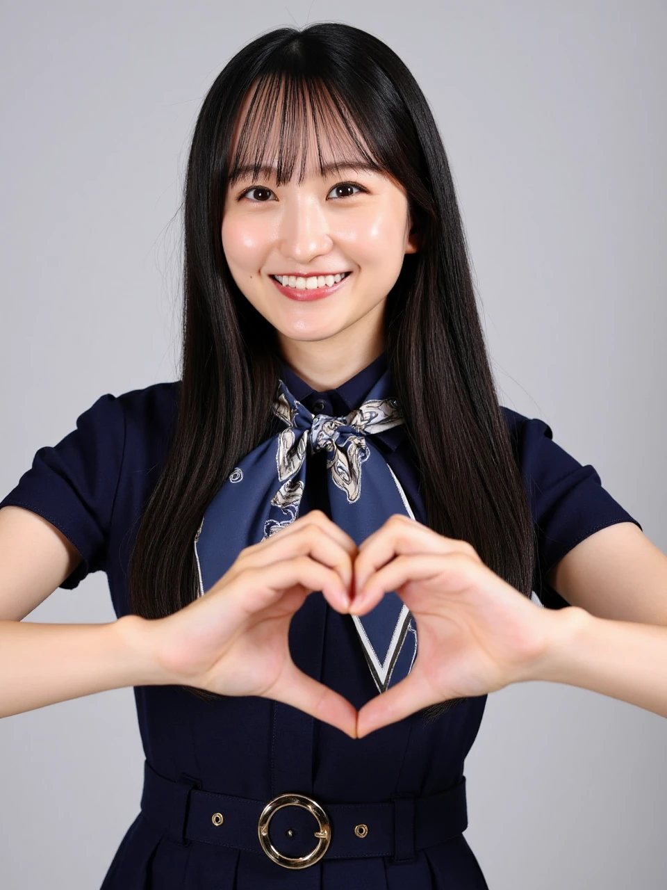 ichinose, This is a photograph of a young woman named Ichinose, who appears to be in her early twenties. She has straight, long, dark brown hair with bangs that frame her face. Her skin is fair, and she has a bright, cheerful smile with straight white teeth. Her eyes are a soft brown, and she has a gentle, approachable expression.
Ichinose is wearing a dark navy blue dress with a high collar, featuring a decorative scarf tied around her neck. The scarf is predominantly navy blue with a white border and intricate patterns in gold and silver, giving it a stylish and elegant look. The dress has a fitted bodice with a belt at the waist, adding a touch of sophistication.
In the foreground, her hands are positioned in front of her chest, forming a heart shape, which adds a playful and affectionate touch to the image. The background is a plain, light gray, which keeps the focus on Ichinose and her outfit. The overall mood of the photograph is warm and inviting, capturing a moment of joy and positivity.