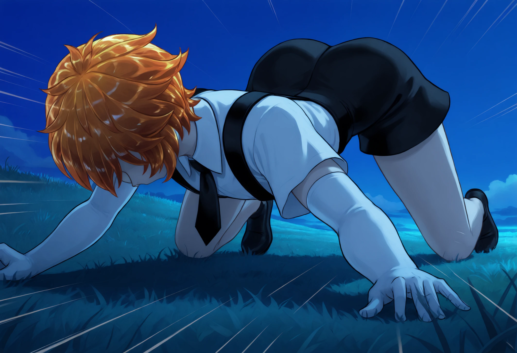 masterpiece, best quality, 1other, androgynous, light skin, colored skin, orange hair, crystal hair, short hair,
white collared shirt, short sleeves, black necktie, elbow gloves, white gloves, black suspender shorts, black footwear,
(crawling:1.3), (crawling towards viewer:1.1), all fours, (moving:1.2), walking, (speed lines:1.2), head down, spread legs, spread arms, top-down bottom-up, light trail, 
outdoors, blue sky, clouds, scenery, full body, on grass, on ground, dark, night, foreshortening, 
<lora:Zircon-Houseki-no-Kuni-NoobAi-1.1_V1-Manityro-CAME:1.0>