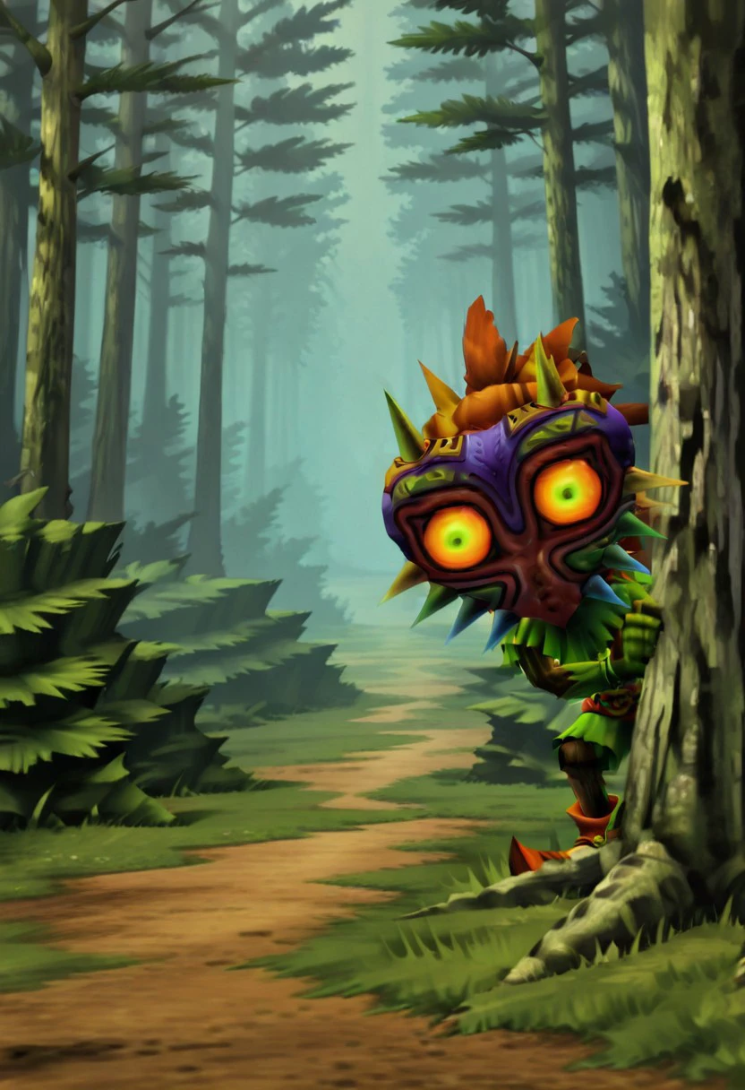 zzMajora, spikes, yellow sclera, solo, 1boy, horns, glowing eyes, grass, nature, forest, peeking out, hiding,