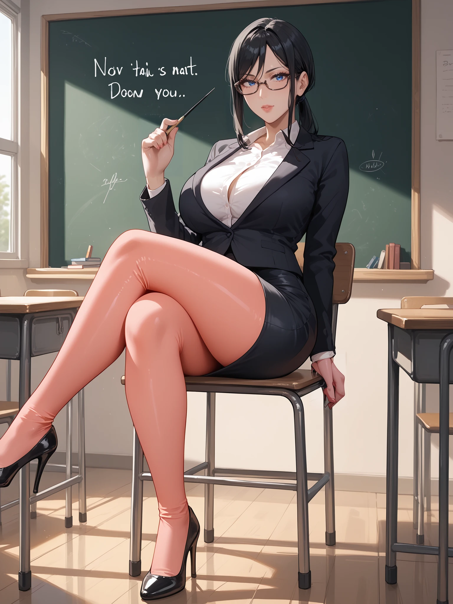 score_9, score_8_up, score_7_up, score_6_up, score_5_up,
takamine ayako, 1girl, full body, mature female,
sitting on chair, crossed legs, 
looking at viewer, holding pointer, holding book, talking, 
black hair, long hair, low ponytail, blue eyes, glasses,
pink pantyhose,  black blazer, white shirt, miniskirt, pencil skirt, black skirt, high heels, pumps,
curvy, large breasts, thighs,
indoors, classroom, chalkboard, 
<lora:Takamine Ayako3216PDXL:1> 5 fingers