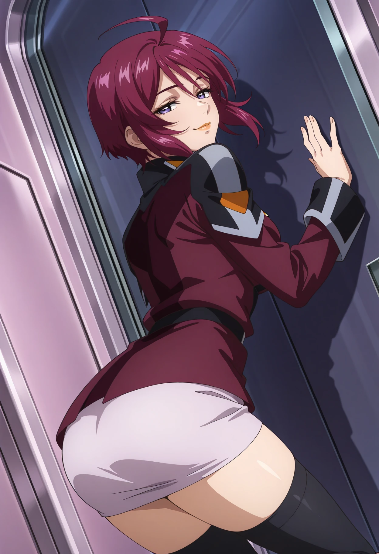 masterpiece,best quality, lunamaria_h, 1girl, anime coloring, solo, short hair, red hair, ahoge, hair between eyes, purple eyes,  compass uniform, lipstick, red jacket, pink miniskirt, long sleeves, black thighhighs, pencil skirt, belt, zettai ryouiki,medium breasts, evil smile, closed mouth, half-closed eyes, looking back, against door, ass, all fours, dutch angle, from behind, spaceship restroom, <lora:lunamaria_h_IL-000008:0.9> ,