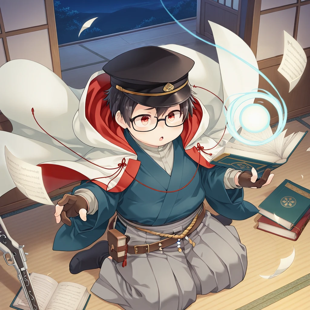 masterpiece, best quality, amazing quality, colorful, vibrant, very aesthetic, detailed background, break <lora:sagami-v1-000009:0.8> t-sagami, 1boy, glasses, red eyes, peaked cap, two-sided hooded cloak, japanese clothes, blue kimono, partially fingerless gloves, wariza, book, floating paper, flying paper, (from above, looking up), grey hakama, wide-eyed, shimenawa, loose belt, (night, magic, magic book, dark, magical musket, dynamic_light), dynamic shadow, magic circuit, indoors, ((sidelighting))