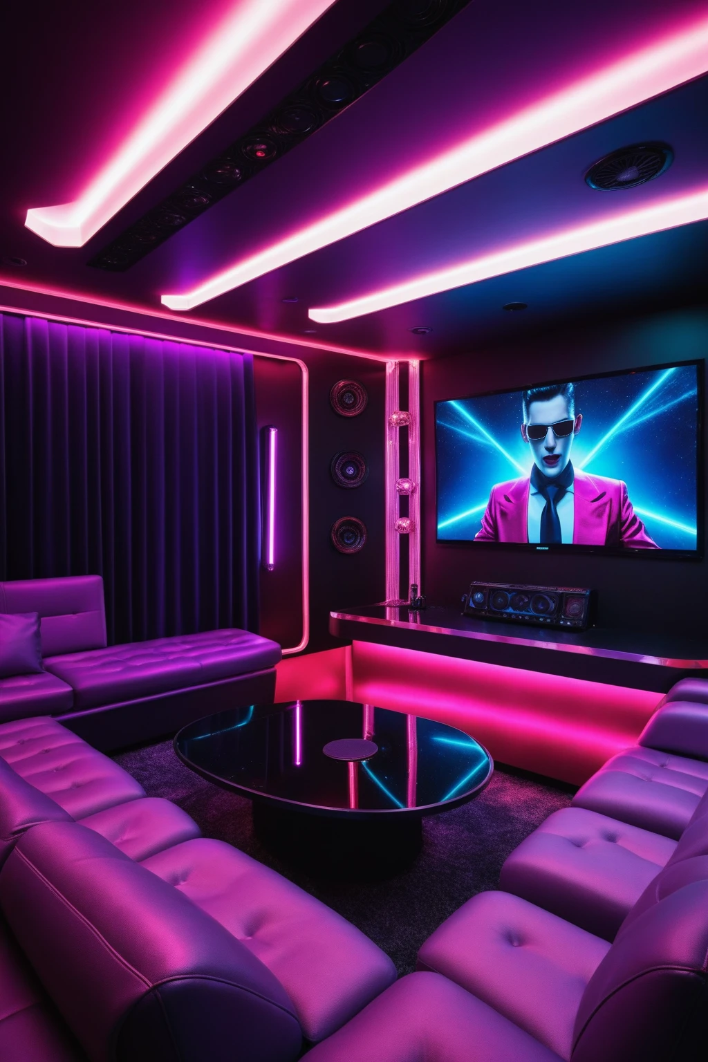 <lora:JJsKaraokeRoom:1> , ((karaoke room)) , interior, indoors, ((neon light)), Masterpiece, best quality, authentic, super detail , high quality, ceiling light,no humans, . night, highly detailed, screen, sofa, table, ,, Sci-Fi Inspired fashion style, draws inspiration from science fiction movies, and futurism, features futuristic silhouettes, and avant-garde designs, promotes imagination and innovation in fashion, explores concepts of technology