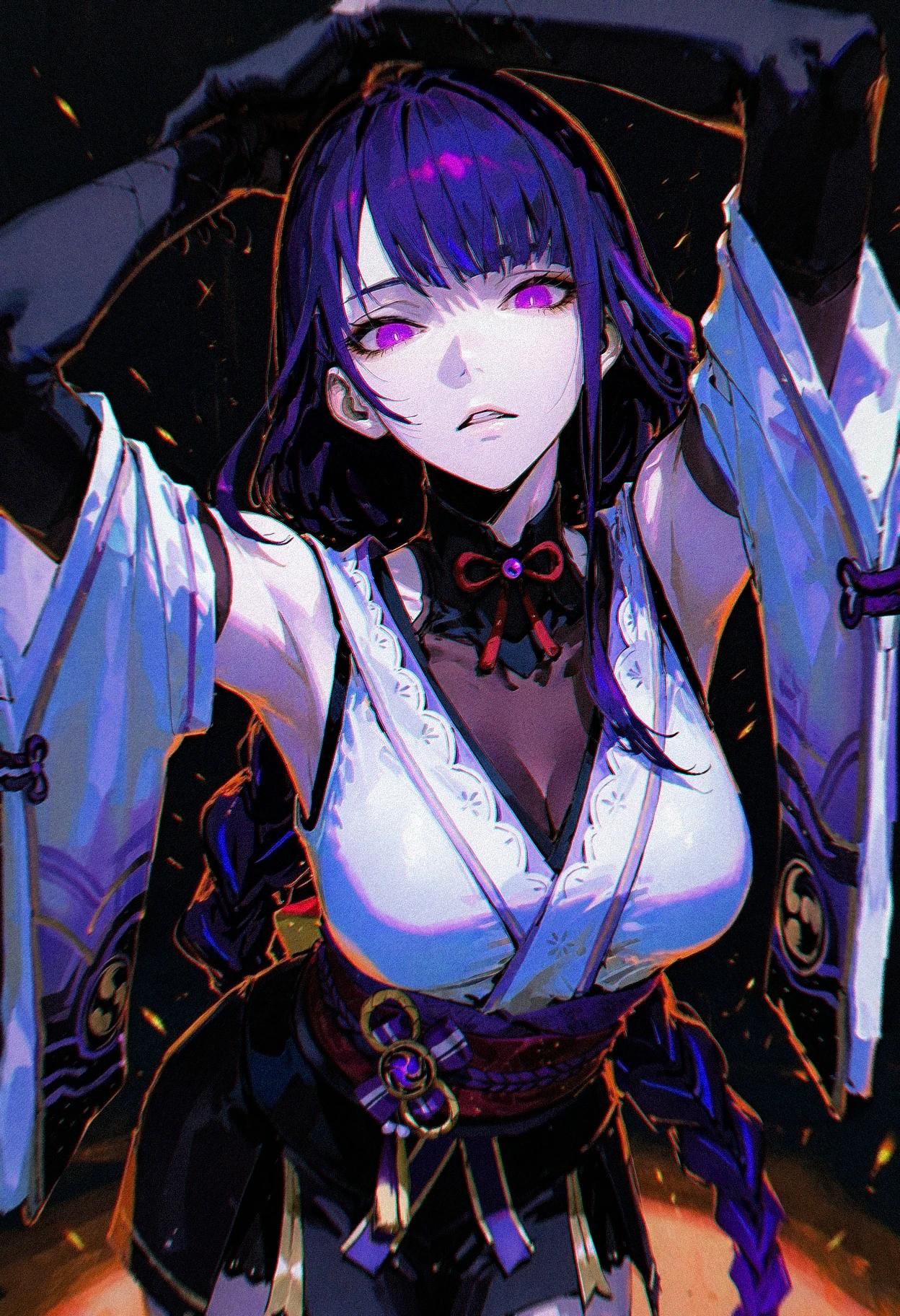 masterpiece, best quality, absurdres, highres,
(rolua, roitz \( roitz \),mzet), realistic, (3d:0.6),
masterpiece, best quality, amazing quality,
dim lighting, dynamic pose, leaning forward,
raiden shogun, 1girl, solo, long hair, purple hair, arm behind head, purple eyes, parted lips, looking at viewer, arms up, black gloves, bodystocking, collared shirt, covered collarbone, detached sleeves, sleeveless shirt, white shirt, elbow gloves, large breasts, linea alba, skirt,
glowing theme, light embers,
<lora:YTSKX-WAI:0.45> <lora:AESTX_WAI:0.45> <lora:ponyv6_noobV1_2_adamW:0.3> <lora:USNR STYLE_XL_lokr:0.3> usnr,