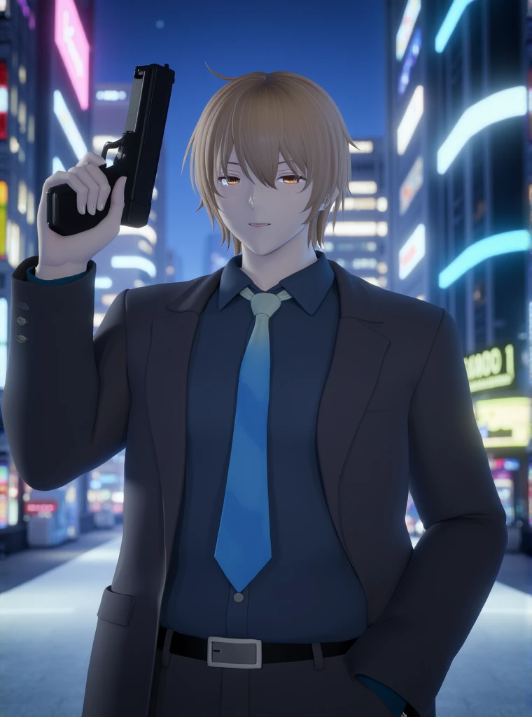 this is an animated anime image of male character in a futuristic city. the man is holding a gun.