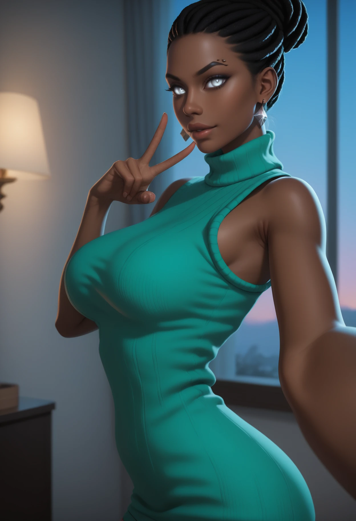 ((masterpiece, best quality, absurdres)),
1girl, solo, 1girl, solo, sexy sweater dress, aqua dress, strapless, sleeveless turtleneck dress, diamond earrings,
middle eastern architecture, indoors, twilight,
simple background, depth of field,
cocked eyebrow,
sexy pose, looking at viewer,
selfie, from side,
 <lora:Dark_Berea_Illust_v1:0.8> d4rkb3r34, white eyes, black hair:dreadlocks:single hair bun, very dark skin,