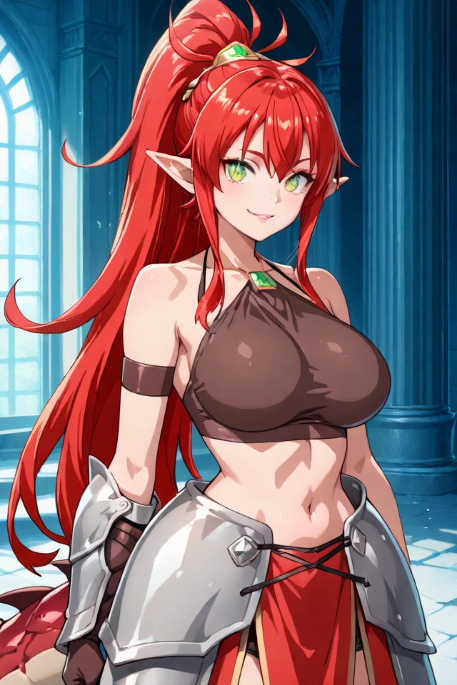 (score_9, score_8_up, score_8, score_9, ASCII score_9), (source_anime), (masterpiece best quality), (beautiful atmosphere), (sharp eyelid, sharp eyelashes, thick eyelashes, long eyelashes), (sharped face, beauty makeup), (beautiful skin, beautiful face), (perfect anatomy), (beautiful detailed face, beautiful oval face), (sharp out line), (ultra-detailed), (best illustration), (best shadow), (absurdres), (detailed background), (very aesthetic), (iper detailed eyes), (ultra detailed eyes), (looking at viewer), (looking at you), cinematic scene, (1girl), solo, (Ulmandra), (big breasts), (salaryman ga isekai ni ittara shitennou ni natta hanashi), (pointy ears), long hair, solo, (red hair), smile, navel, tail, seductive smile, ponytail, jewelry, midriff, (dragon girl), (red tail), (green eyes), armor, very long hair, cowboy shot, Expressiveh, scales, scalie, scaly, fang, parted lips, armored skirt, armlet, asymmetrical gloves, demon girl, hair between eyes, (slit pupils), brown tank top, <lora:ApexAiUlmandraIllustrious:1>,