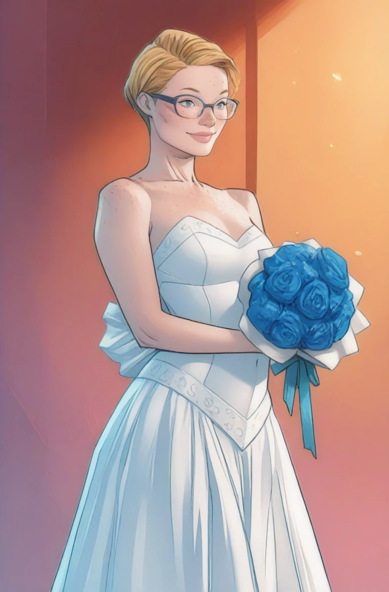 woman, standing, bouquet, wedding dress, blonde short hair, glasses, freckles, smile, vivid colors, Clay Mann, masterpiece \(quality\), best quality <lora:ClayMann-000028:1.3>